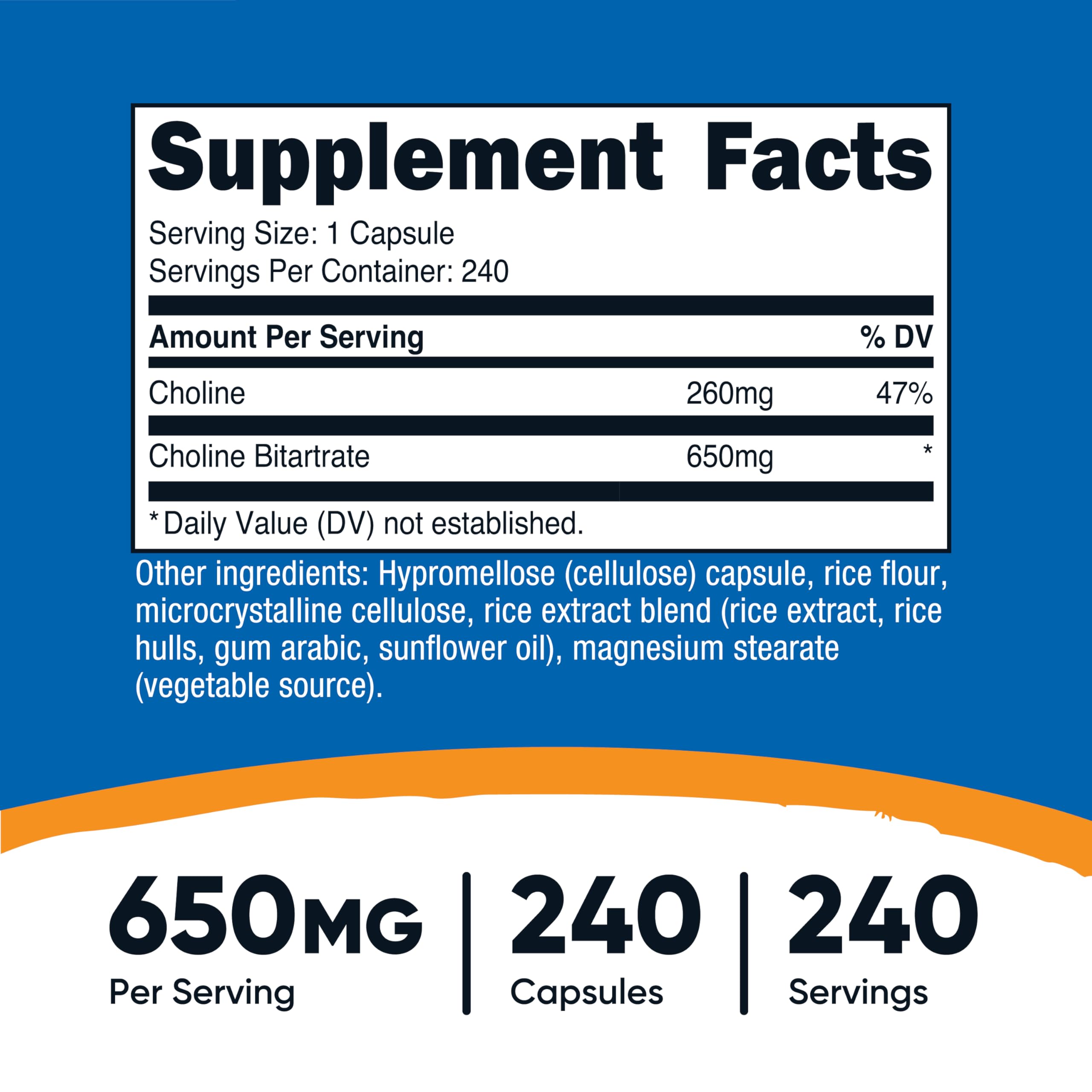 Nutricost Choline Bitartrate – bouteille 240 portions, pratique pour longue utilisation