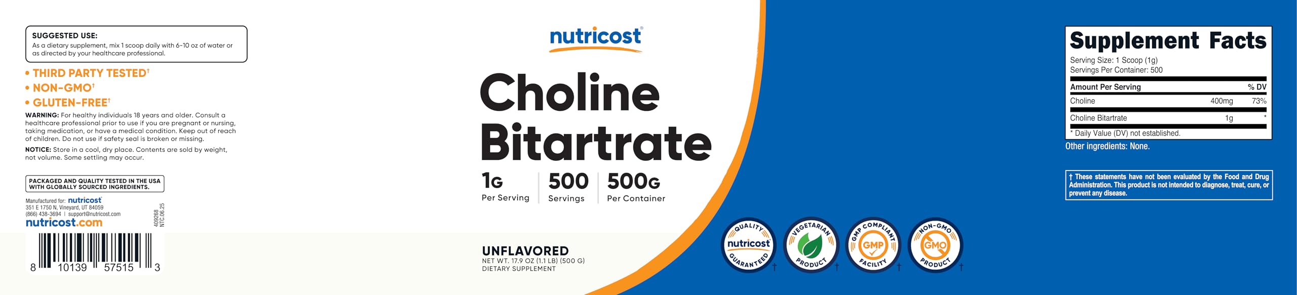 Nutricost Choline Bitartrate fabriqué dans une installation GMP et FDA certifiée