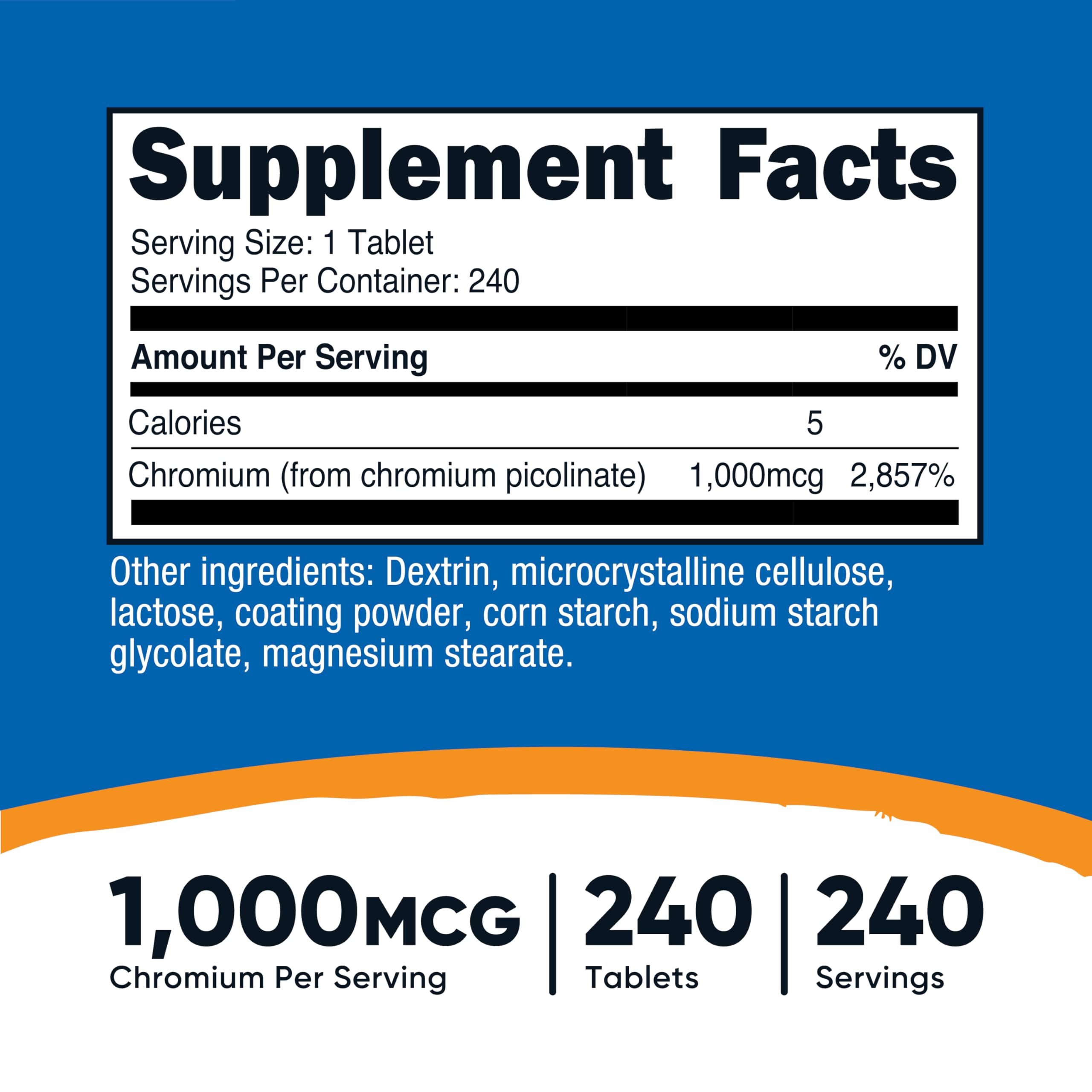 Nutricost Chromium 1000mcg tablettes dosage sur l'étiquette, aide à planifier les prises.