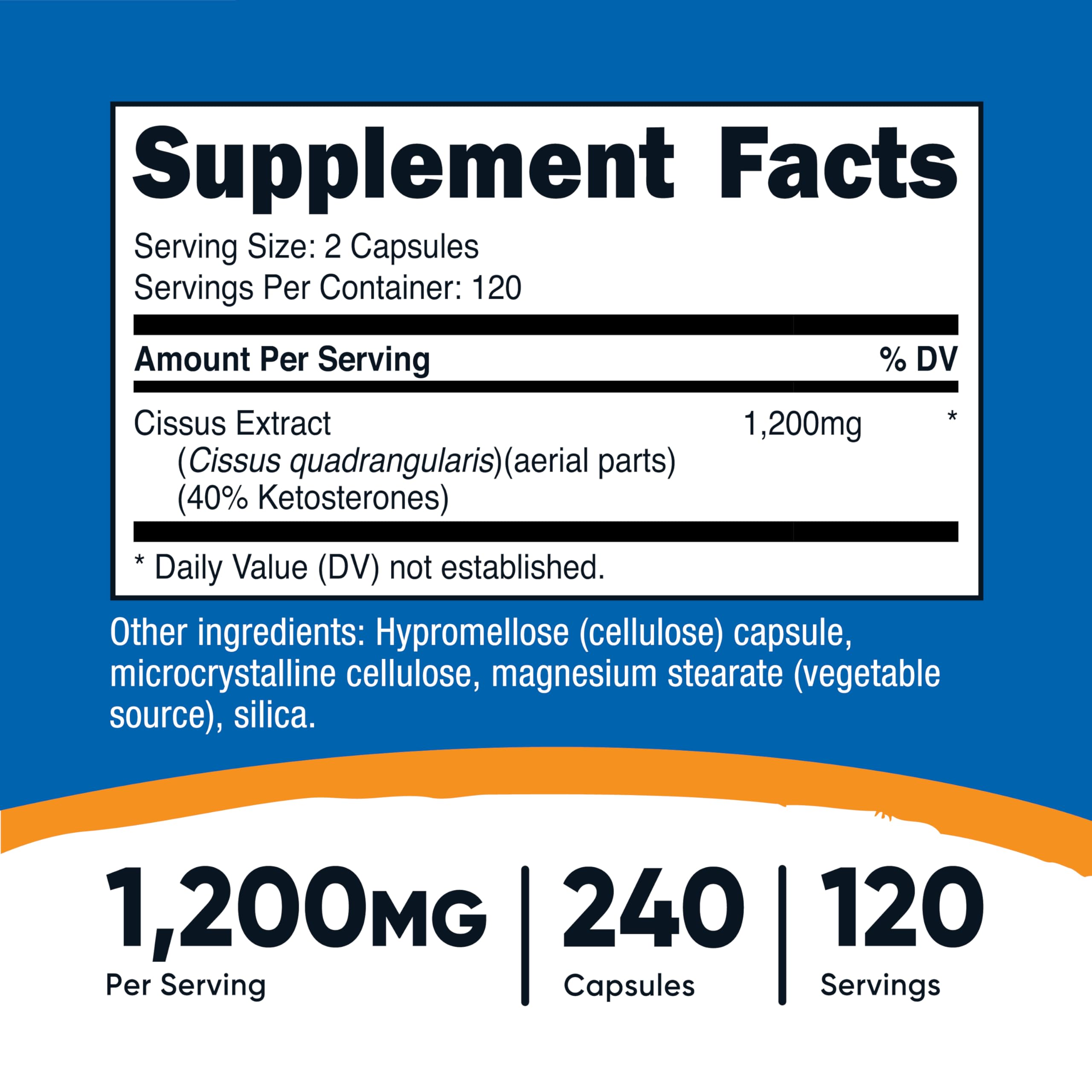 Nutricost Cissus Quadrangularis — capsules deux par portion, facile à intégrer à votre programme.