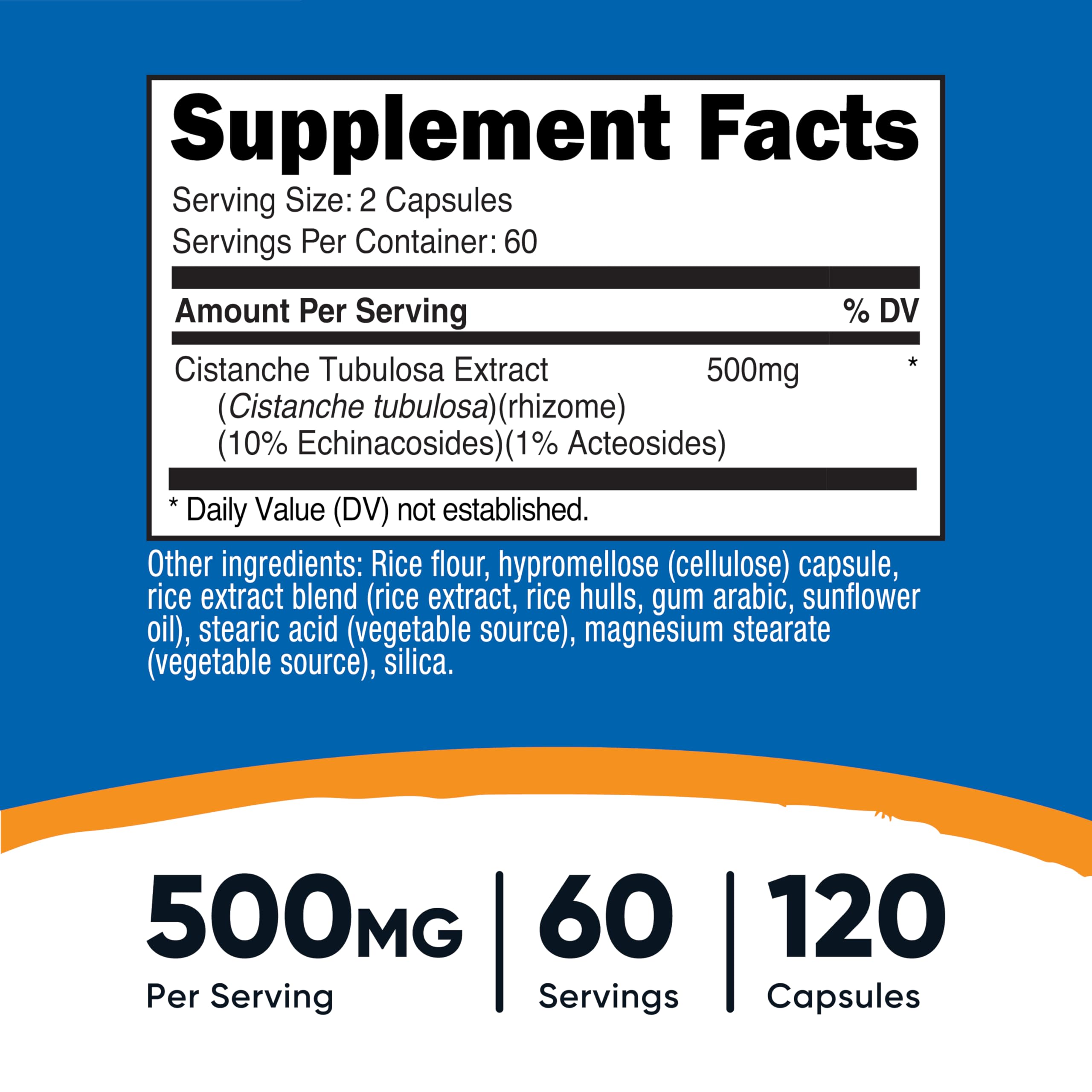 Capsules Nutricost Cistanche Tubulosa de 500 mg, dosages clairs pour 60 portions.