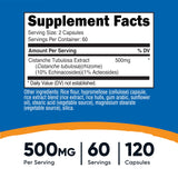 Capsules Nutricost Cistanche Tubulosa de 500 mg, dosages clairs pour 60 portions.