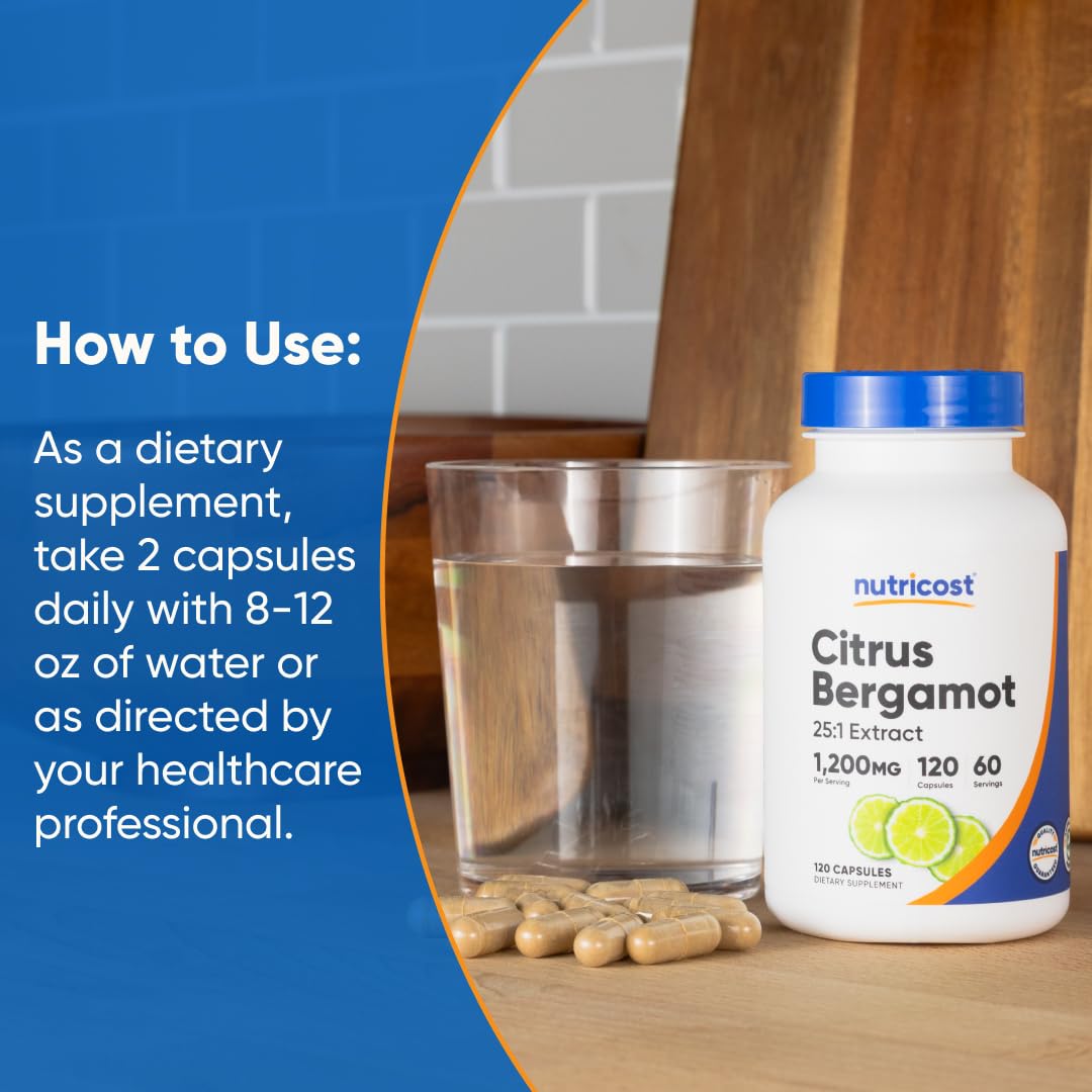 Nutricost Citrus Bergamot Capsules - emballage clair, design pratique pour le rangement.