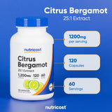 Nutricost Citrus Bergamot Capsules - sans gluten et végan, adaptées à divers régimes.