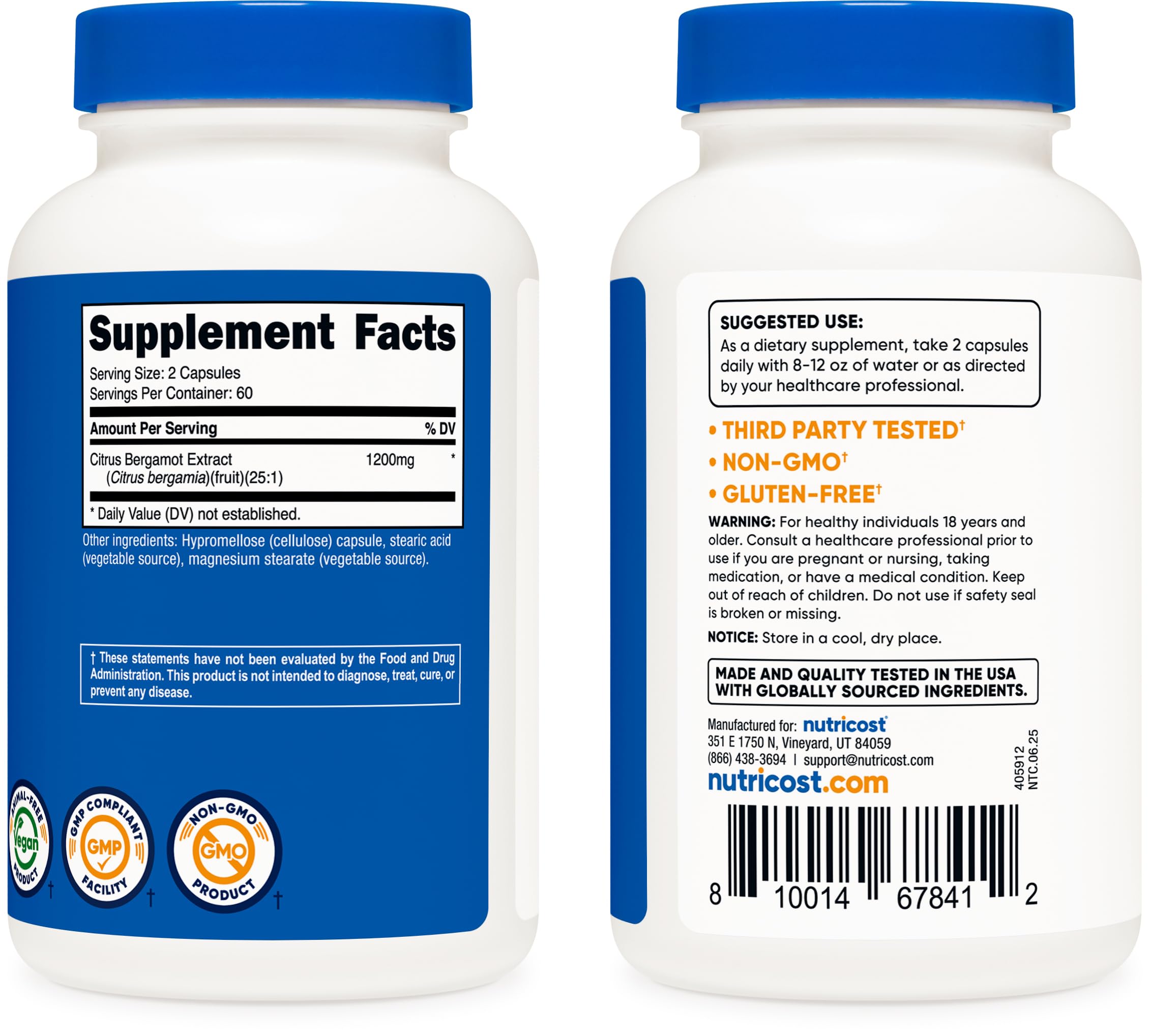 Nutricost Citrus Bergamot Capsules - usine certifiée NSF-GMP, garantissant pureté et sécurité.