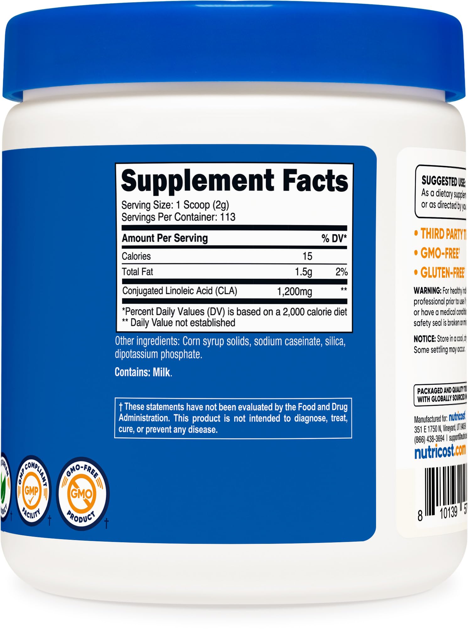 Nutricost CLA poudre certifiée GMP et testée par des tiers, qualité assurée.