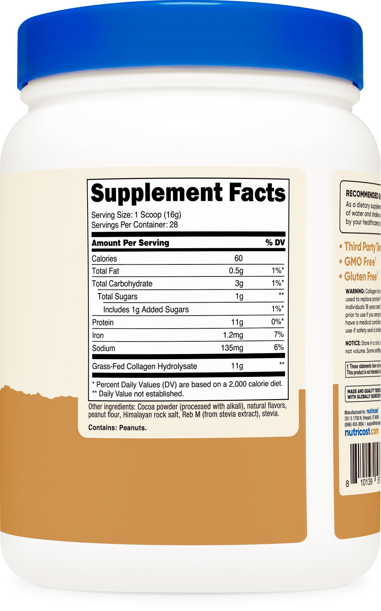 Nutricost Collagen: étiquette conforme BPF et tests tiers pour la traçabilité.