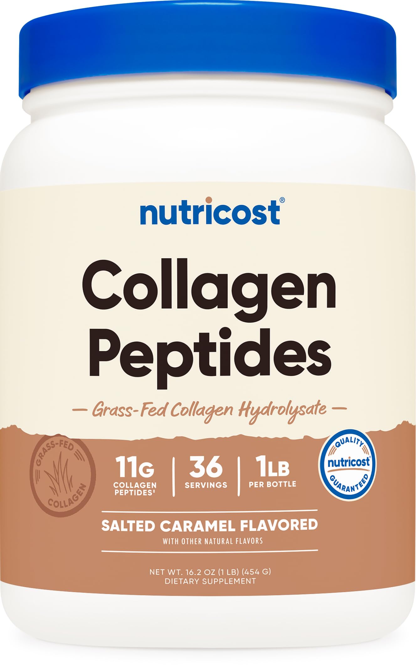 Nutricost collagène en poudre caramel salé, se dissolvant facilement dans l'eau.