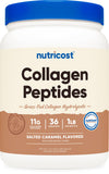 Nutricost collagène en poudre caramel salé, se dissolvant facilement dans l'eau.