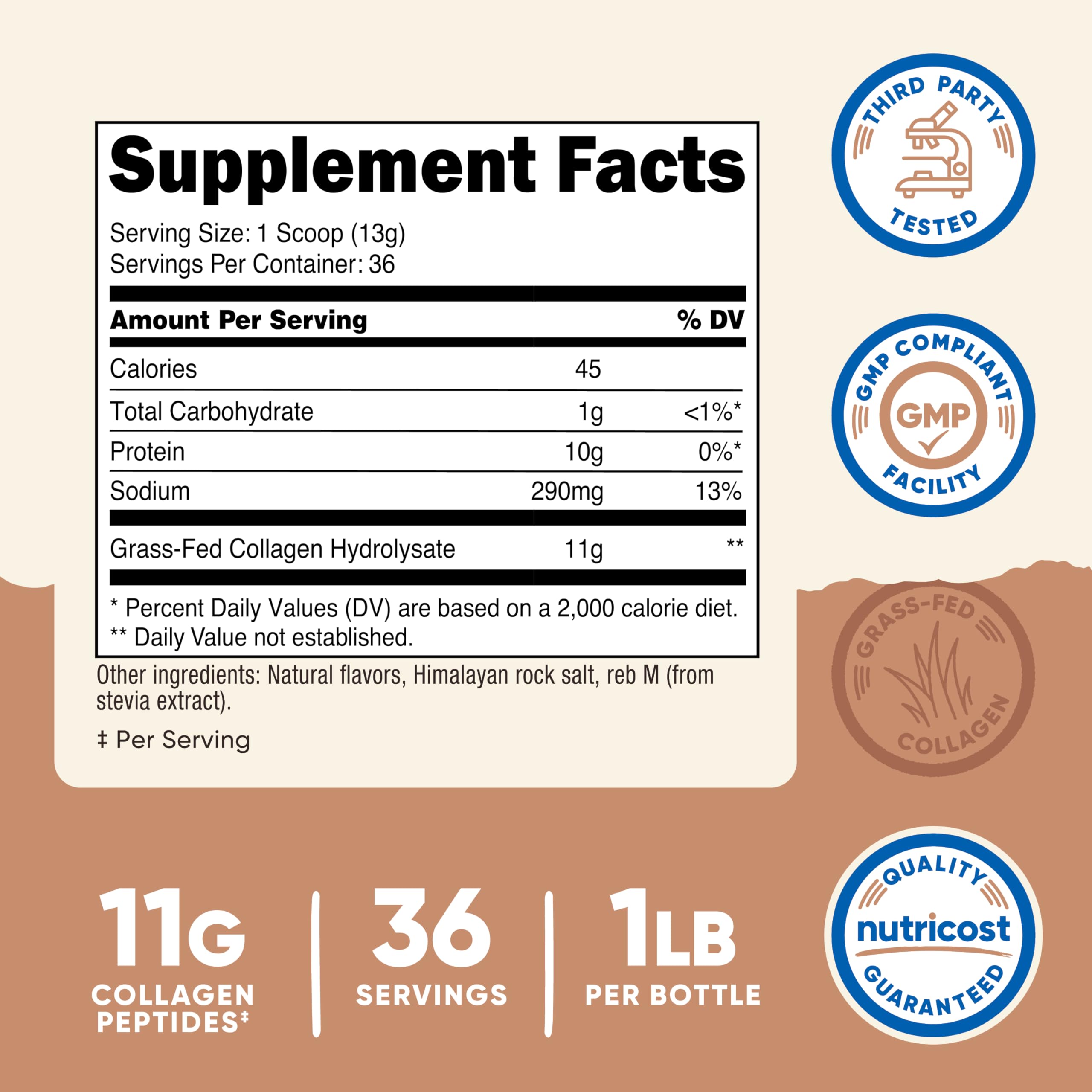 Nutricost collagène en poudre caramel salé, type 1 et 3, idéal pour boissons.