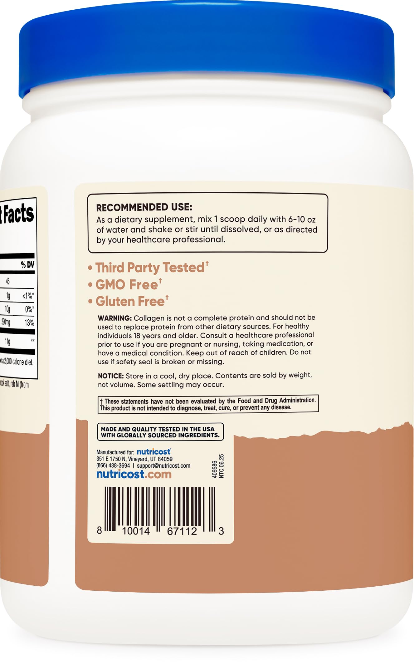 Nutricost collagène en poudre caramel salé, 11 g par portion.