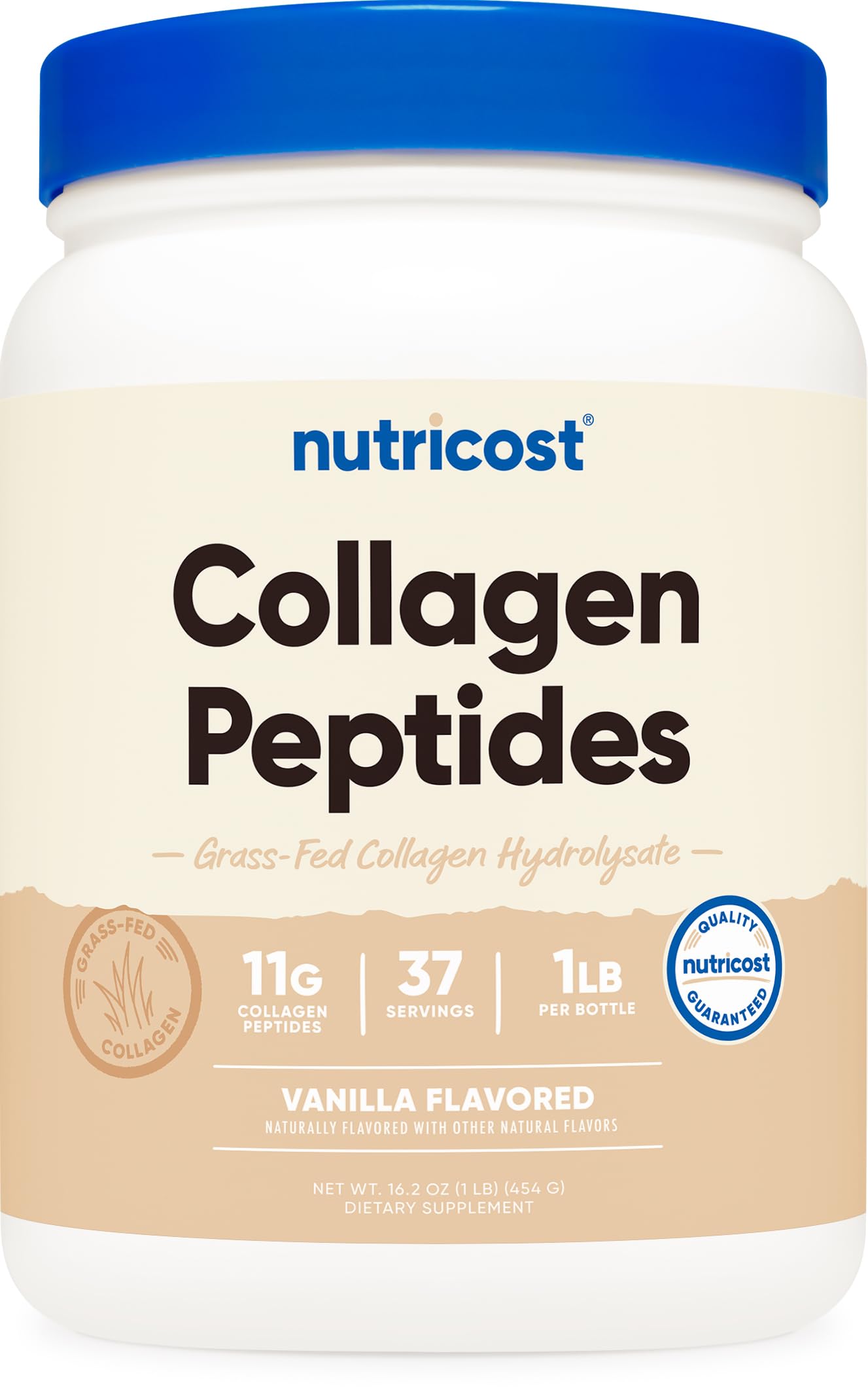 Pot Nutricost Collagen Peptides Vanille 1 lb montré avec étiquette claire et bouchon