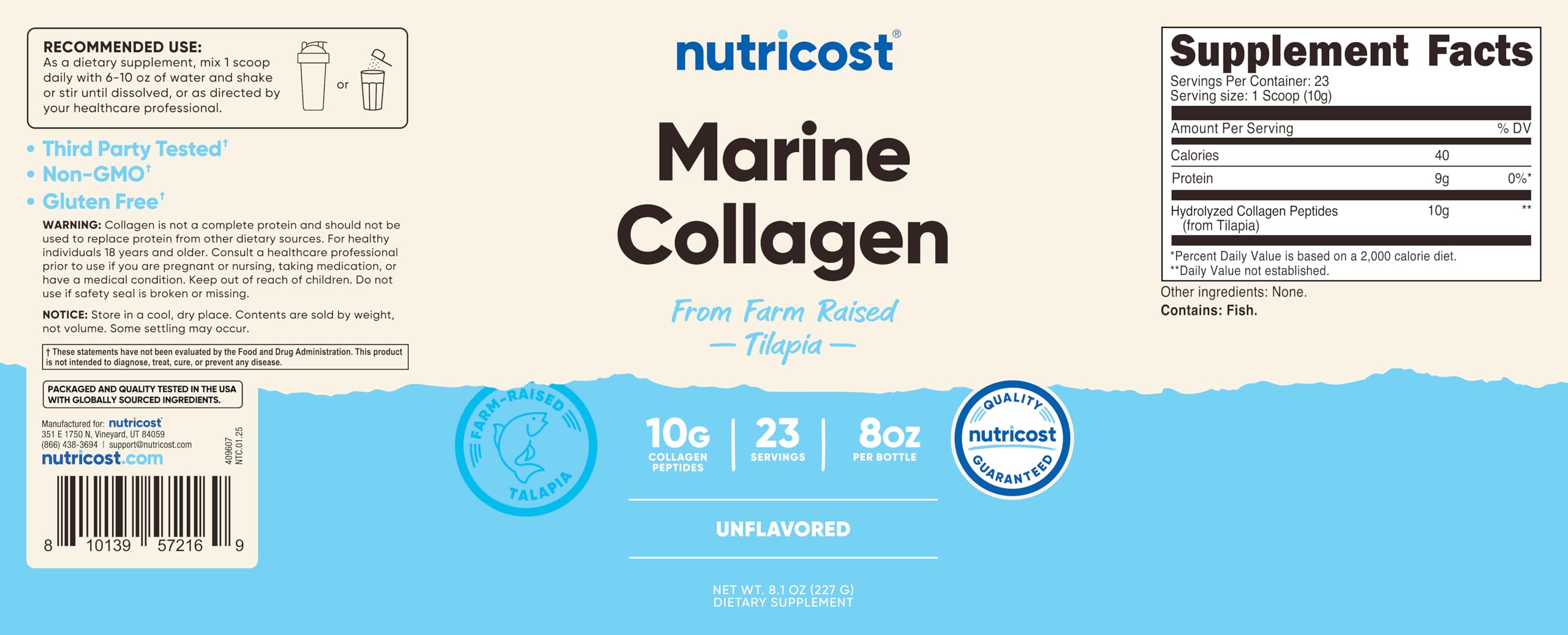Nutricost Collagene Marin – tests indépendants ISO, sécurité et pureté vérifiées.