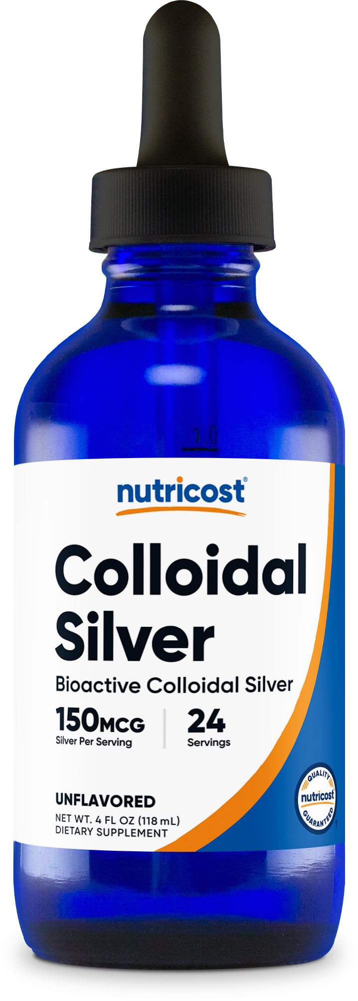 Nutricost Colloidal Silver 4oz dans bouteille cobalt pour meilleure stabilité et protection UV
