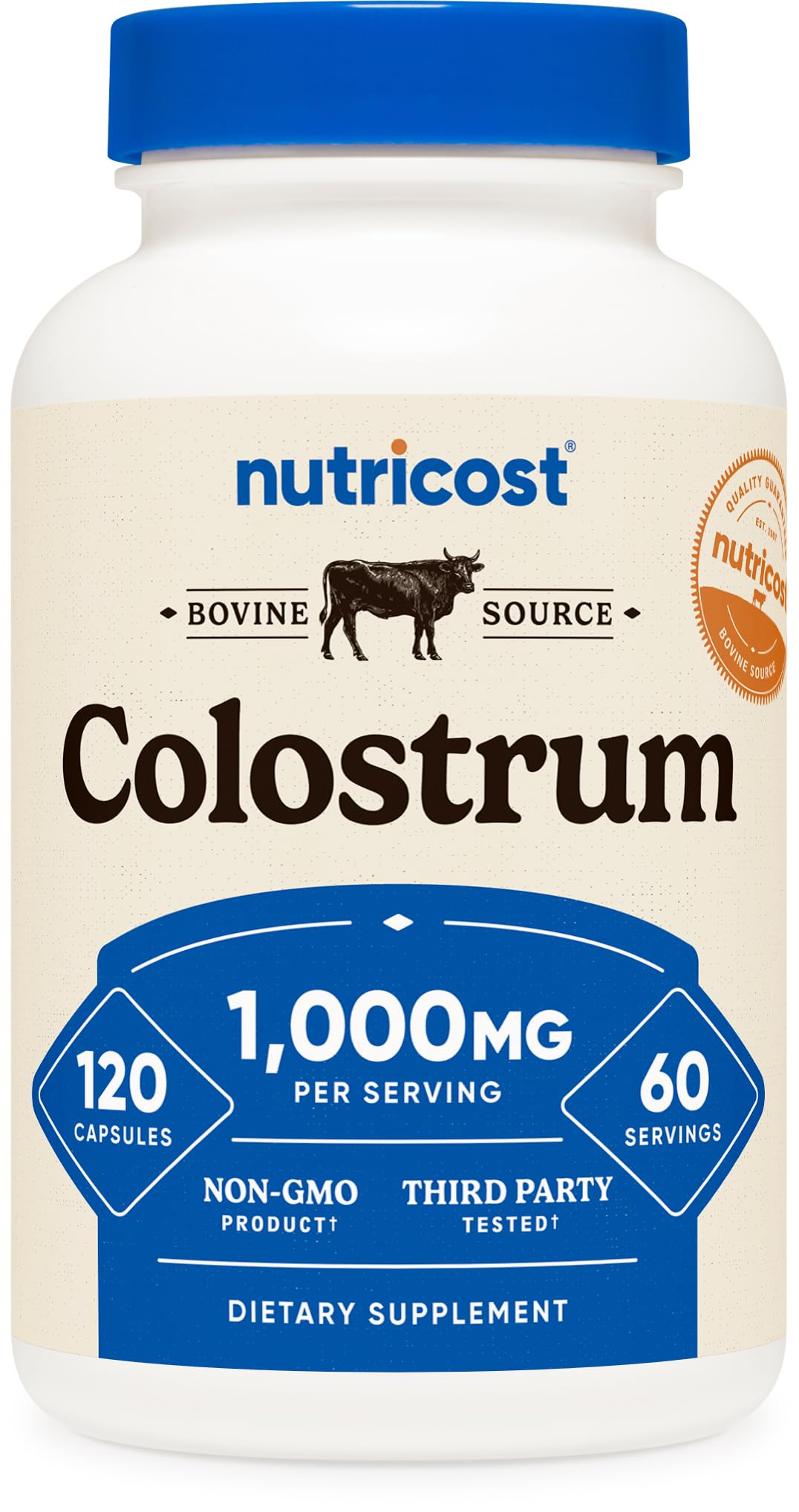 Nutricost Colostrum 1000mg – bouteille complète, idéale pour une routine quotidienne simple.