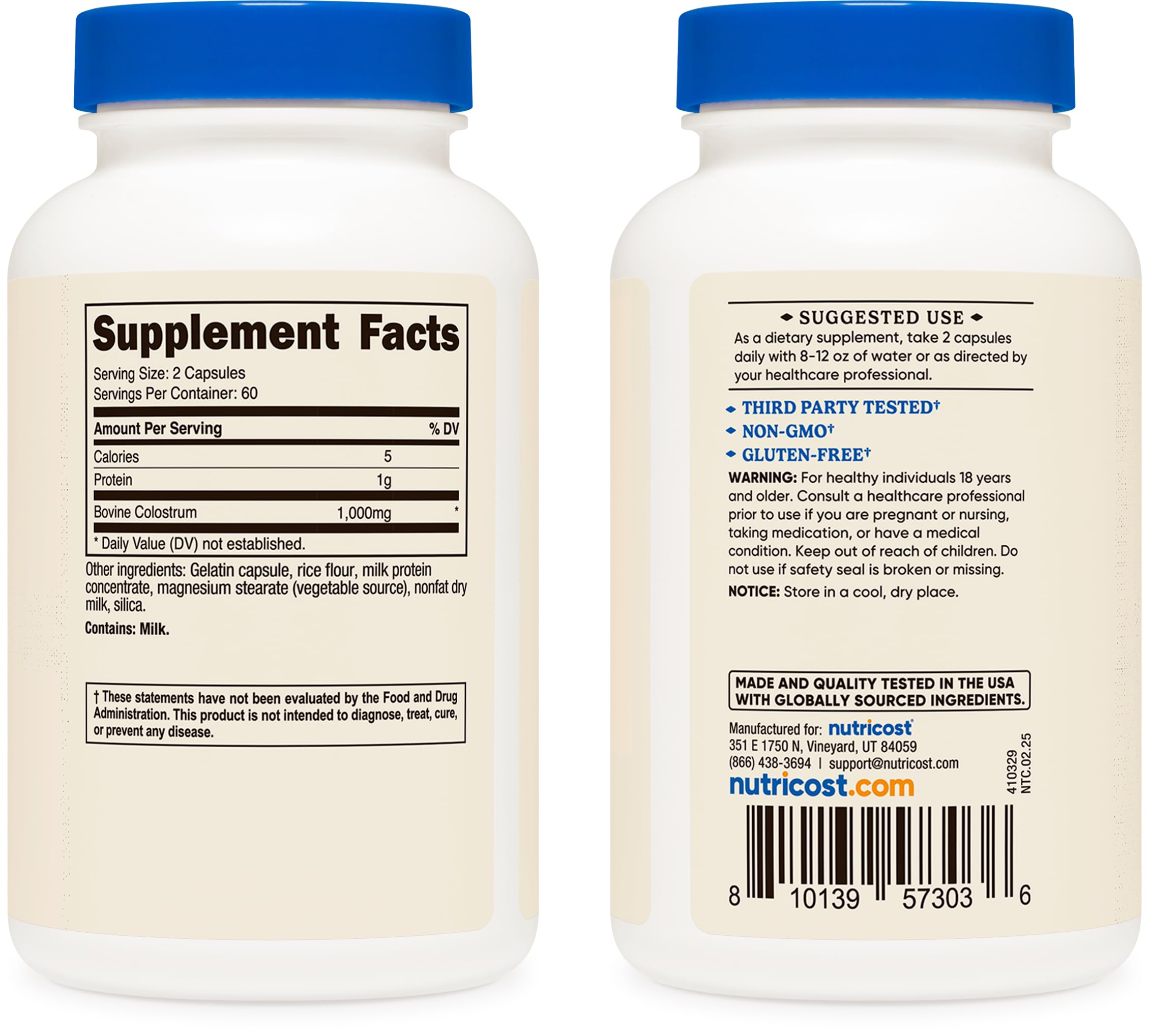 Nutricost Colostrum – bouteille ouverte, démontrant le contenu pratique pour usage quotidien.