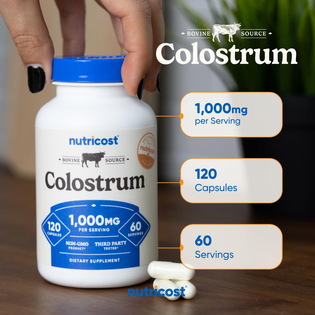 Nutricost Colostrum – emballage sans gluten visible, adapté aux régimes sans gluten.