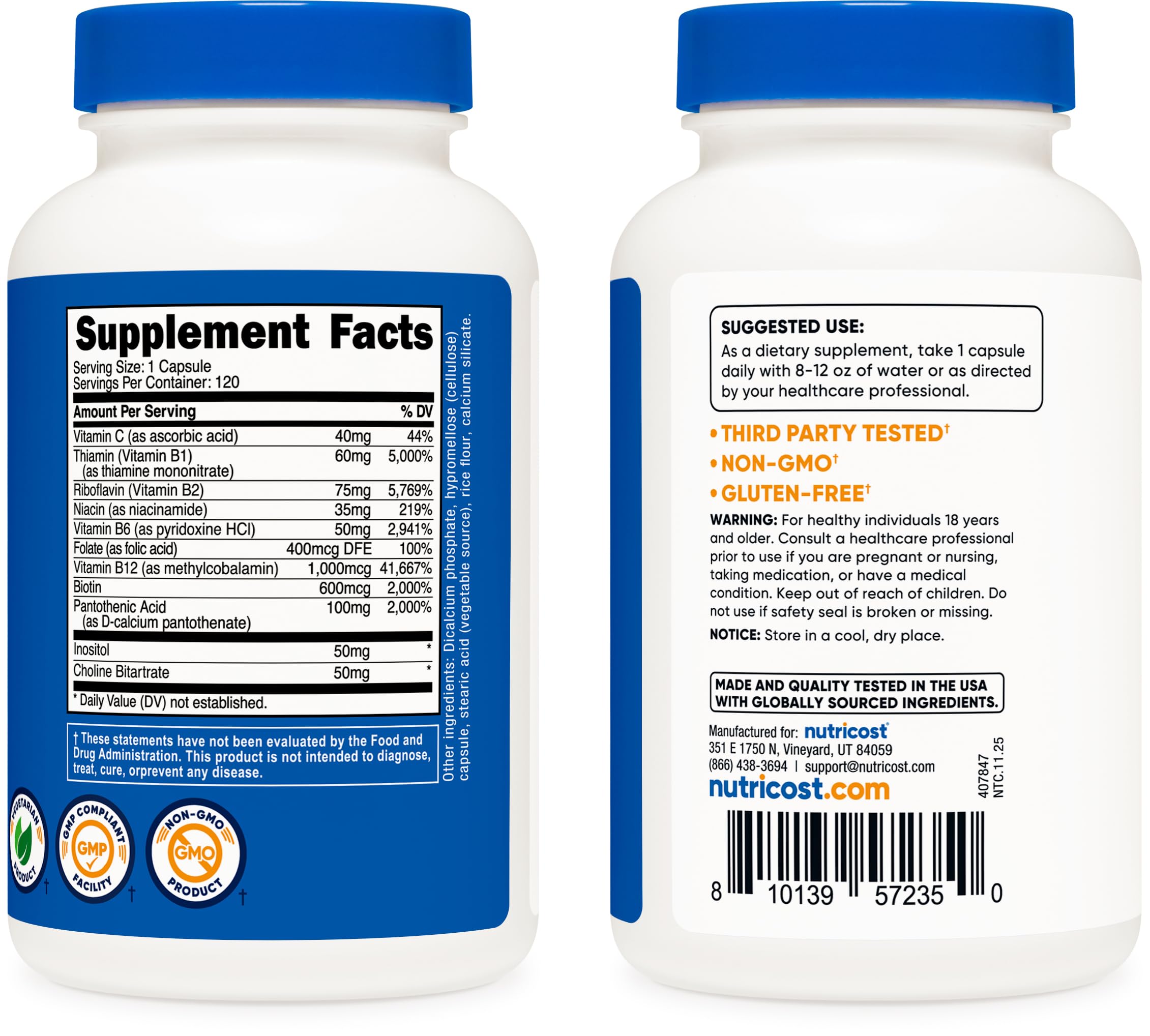 Nutricost Complexe B – emballage visible, produit végétarien et sans gluten.