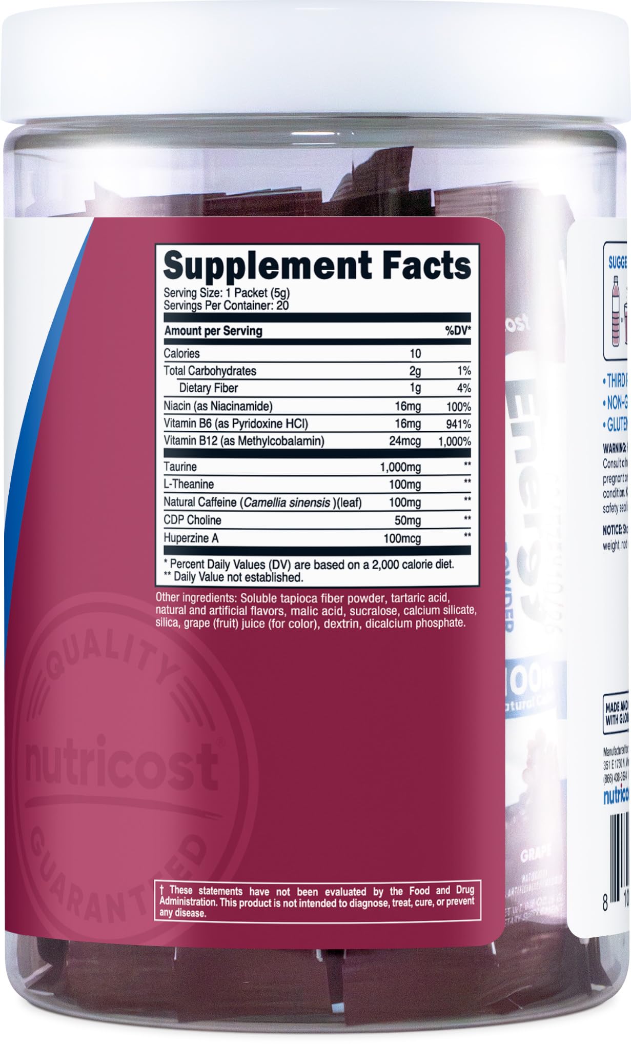 Nutricost arôme raisin naturel pour un goût agréable sans sucre ajouté.