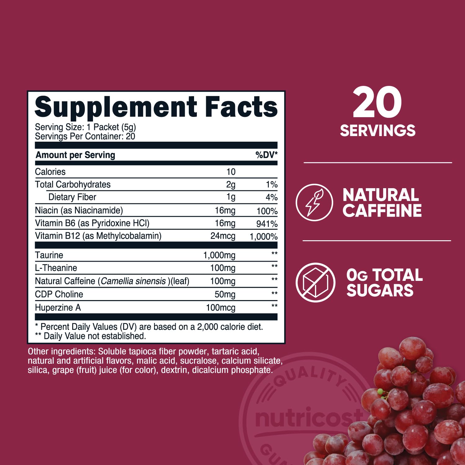 Nutricost Complexe energisant en sachet raisin prêt à se dissoudre rapidement.