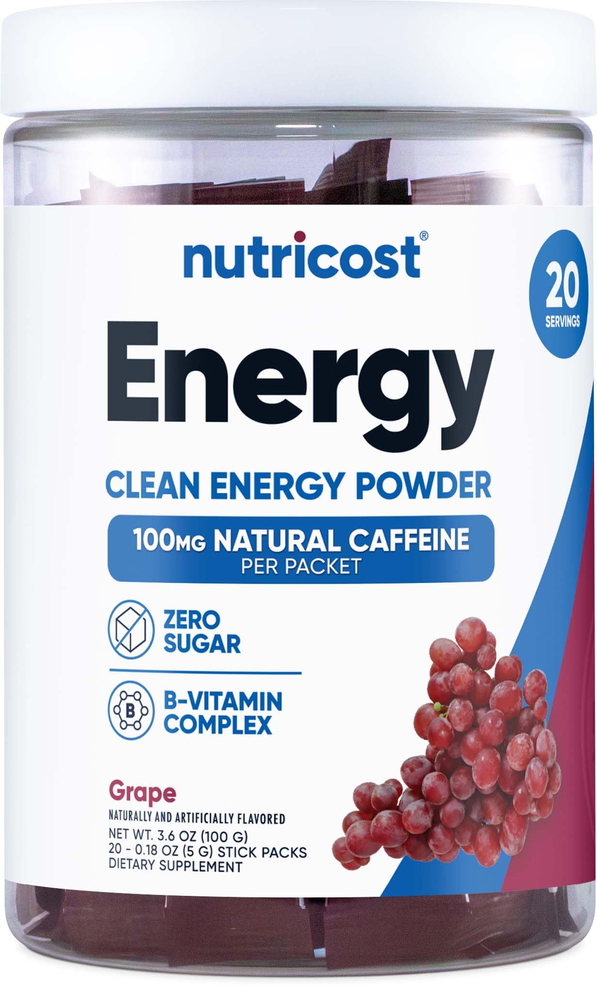 Nutricost Complexe energisant en sachets raisin dans un verre d'eau pour hydratation pratique.