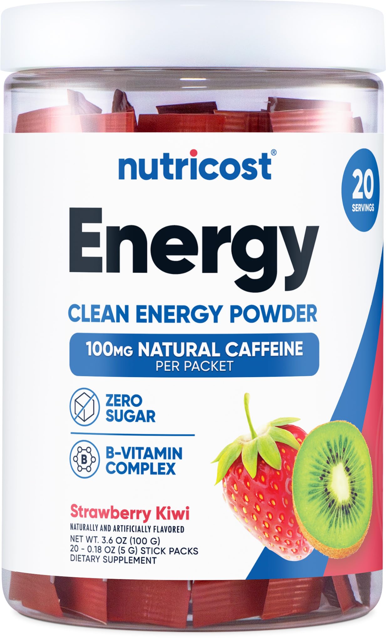 Nutricost Complexe Énergie – sachets Fraise-Kiwi, énergie rapide sans sucre.