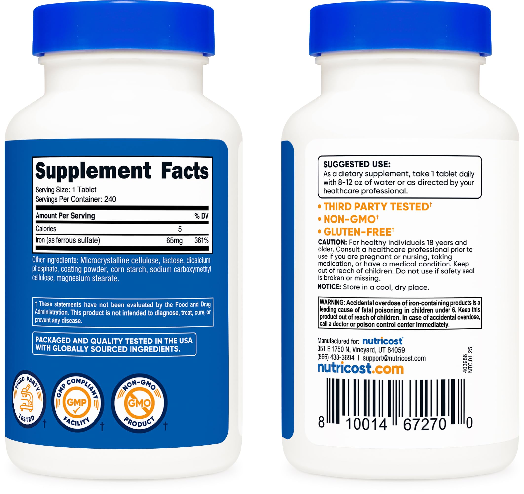 Nutricost comprimés ferreux 65 mg adaptés aux régimes végétariens.