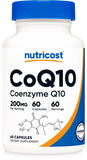 Nutricost CoQ10 200 mg, bouteille avec gélules végétariennes faciles à prendre.