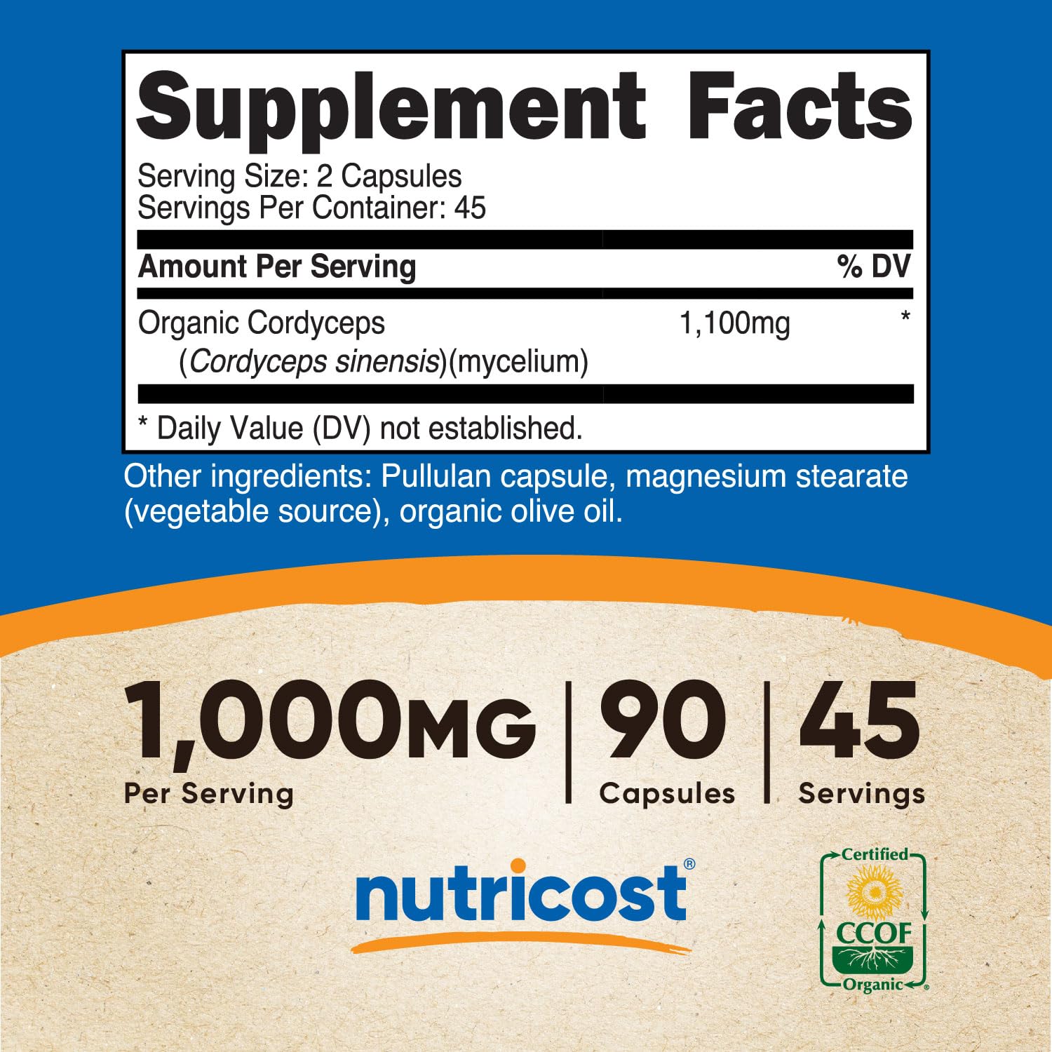 Nutricost Cordyceps, capsule gros-plan, formulation biologique et végétarienne pour le quotidien