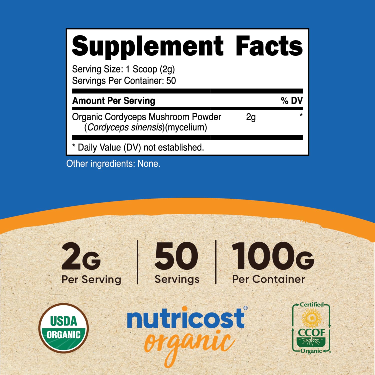 Étiquette Nutricost Cordyceps garantissant l'USDA et une traçabilité solide.