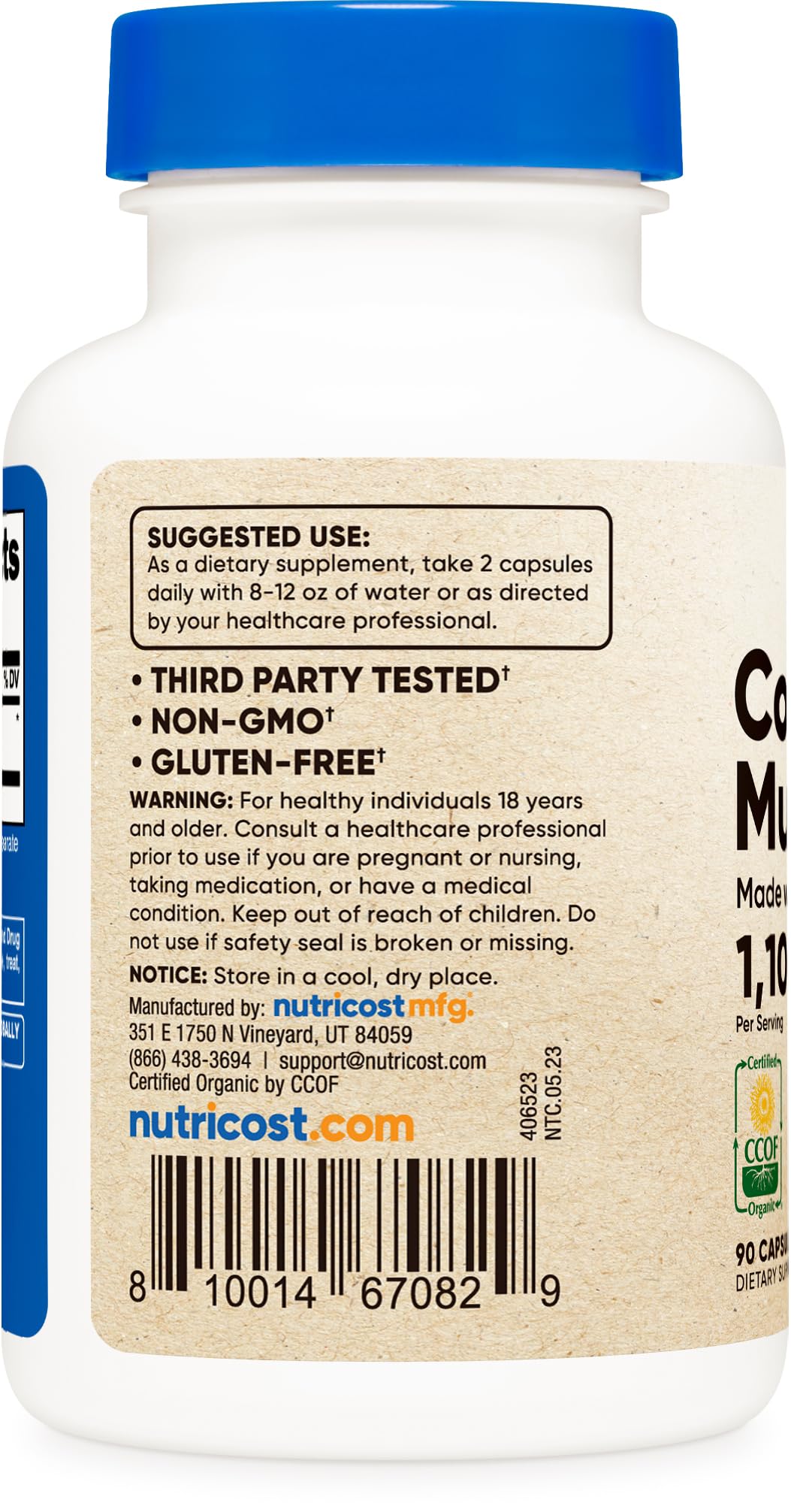 Nutricost Cordyceps, logo vegan et sans ogm sur le conditionnement