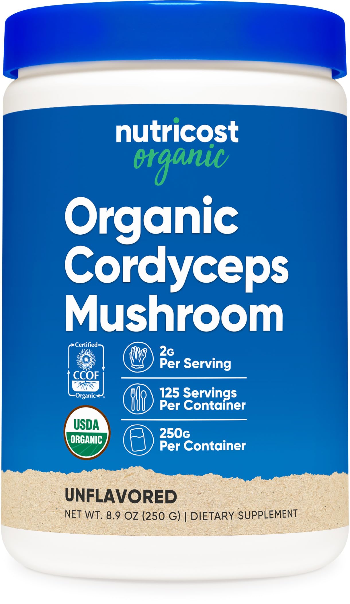 Nutricost Cordyceps en poudre dans la bouteille 250 g, pratique pour l'apport quotidien.