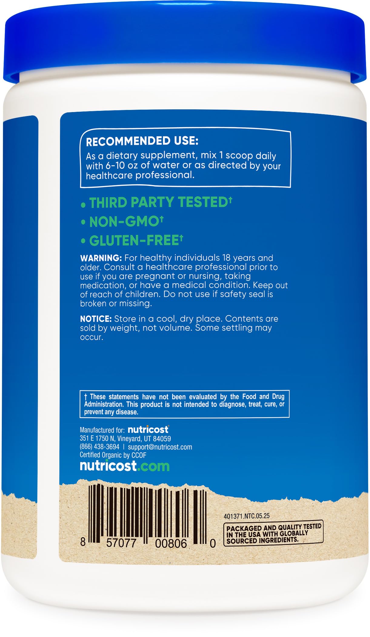 Nutricost Cordyceps poudre sans gluten et sans OGM, facile à intégrer en cuisine.