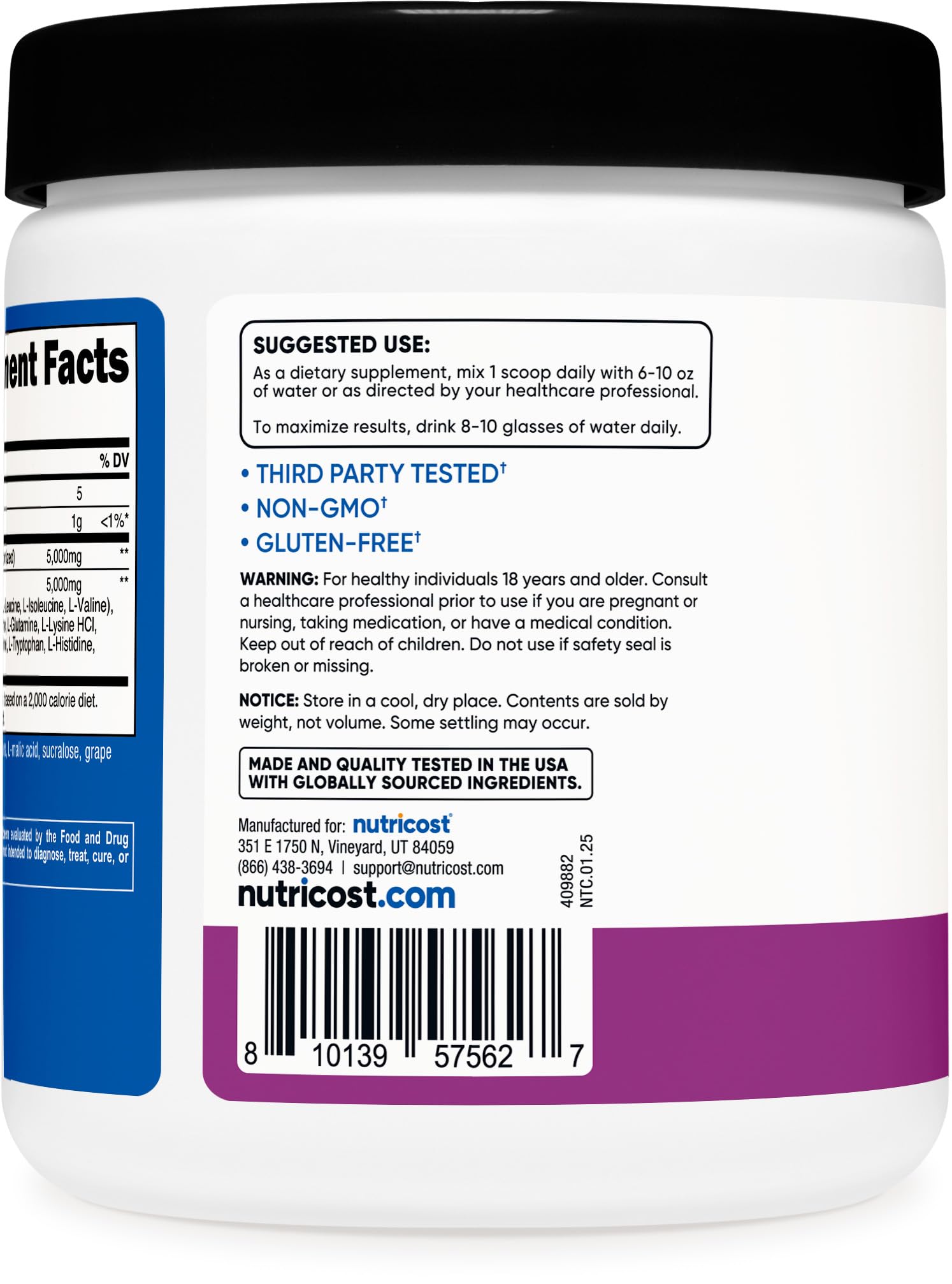 Nutricost Creatine + Aminos, flacon pratique pour routines sportives.