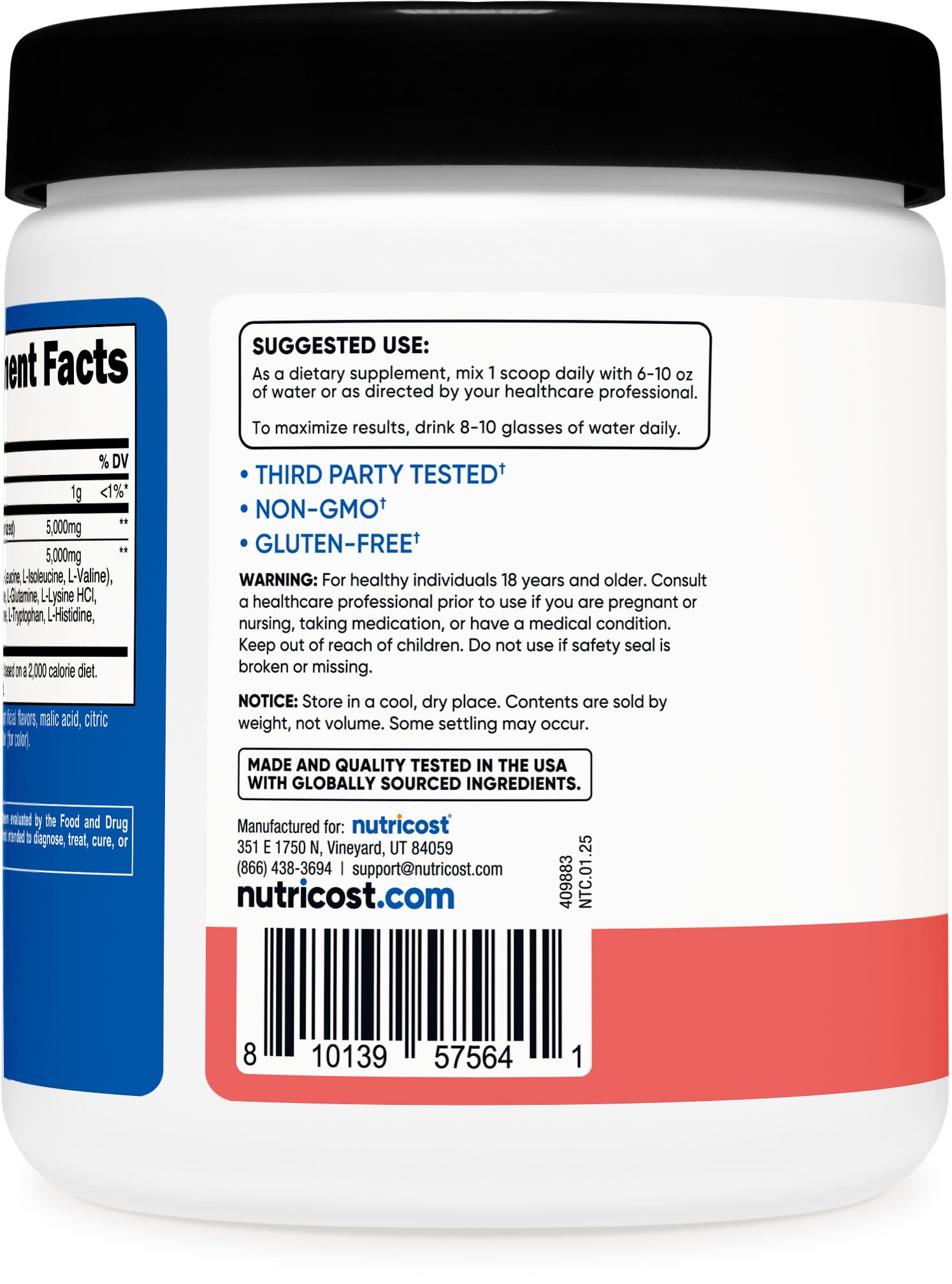 Nutricost Creatine Aminos ingrédients affichés, visuel clair du mélange à boire.