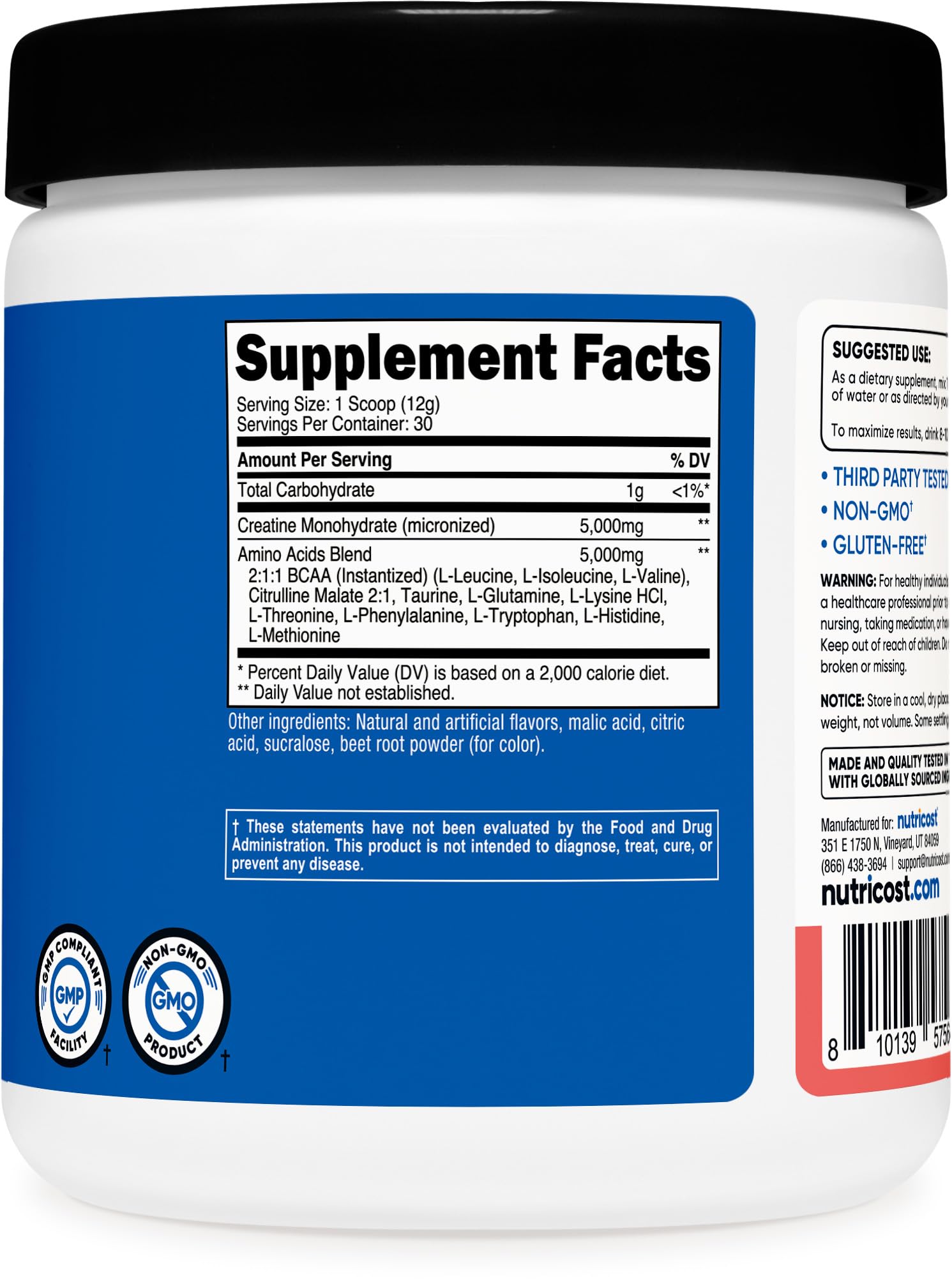 Nutricost Creatine Aminos accès rapide, préparation facile avant l entraînement.