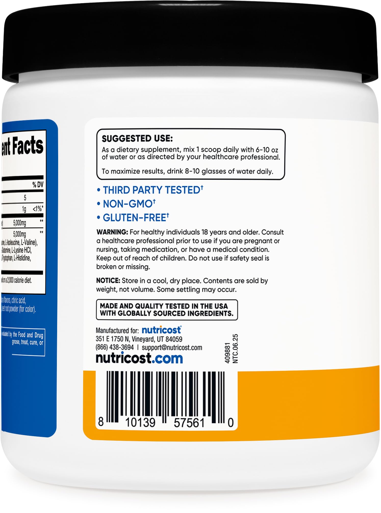 Nutricost Créatine + Aminos – emballage certifié GMP et tests tiers, qualité vérifiée
