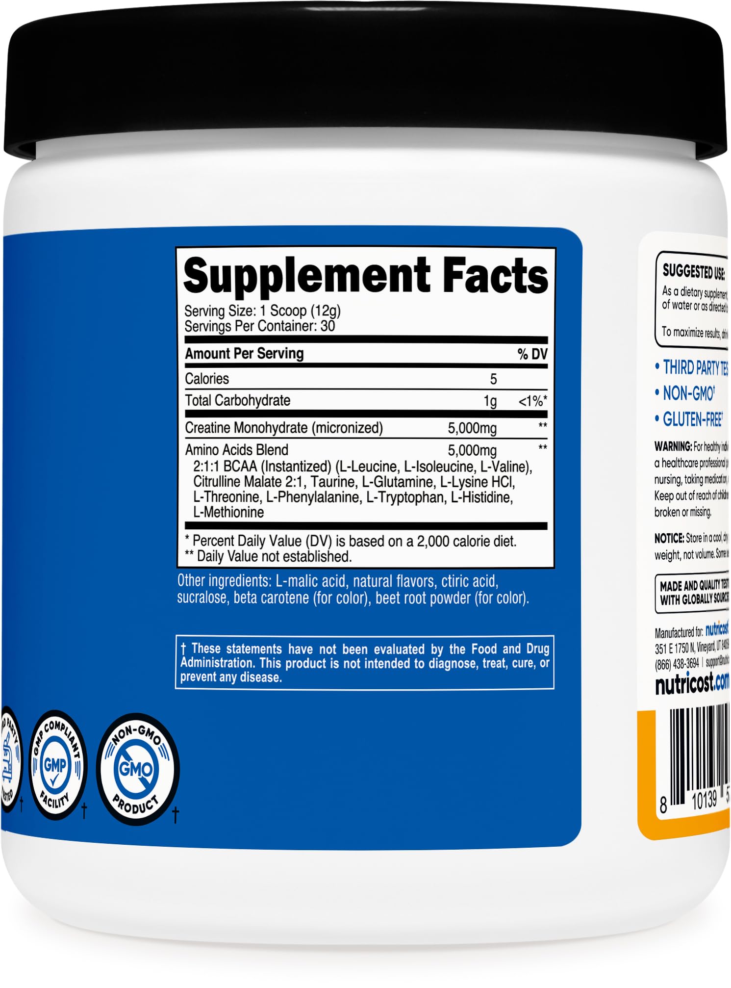 Nutricost Créatine + Aminos – étiquette sans OGM et gluten, choix sûr