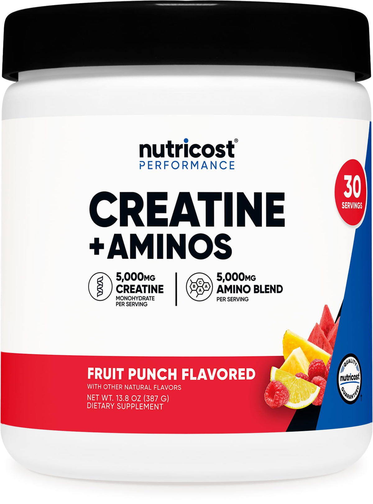 Nutricost Créatine et Aminos, bouteille saveur Punch aux fruits, énergie durable après l'entraînement.