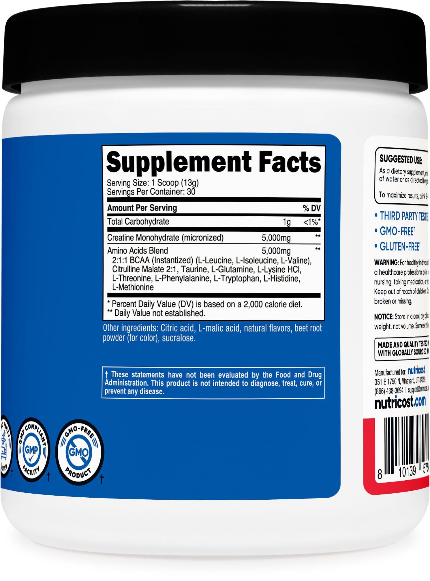 Nutricost Créatine et Aminos, idéal après l'entraînement pour la récupération légère.