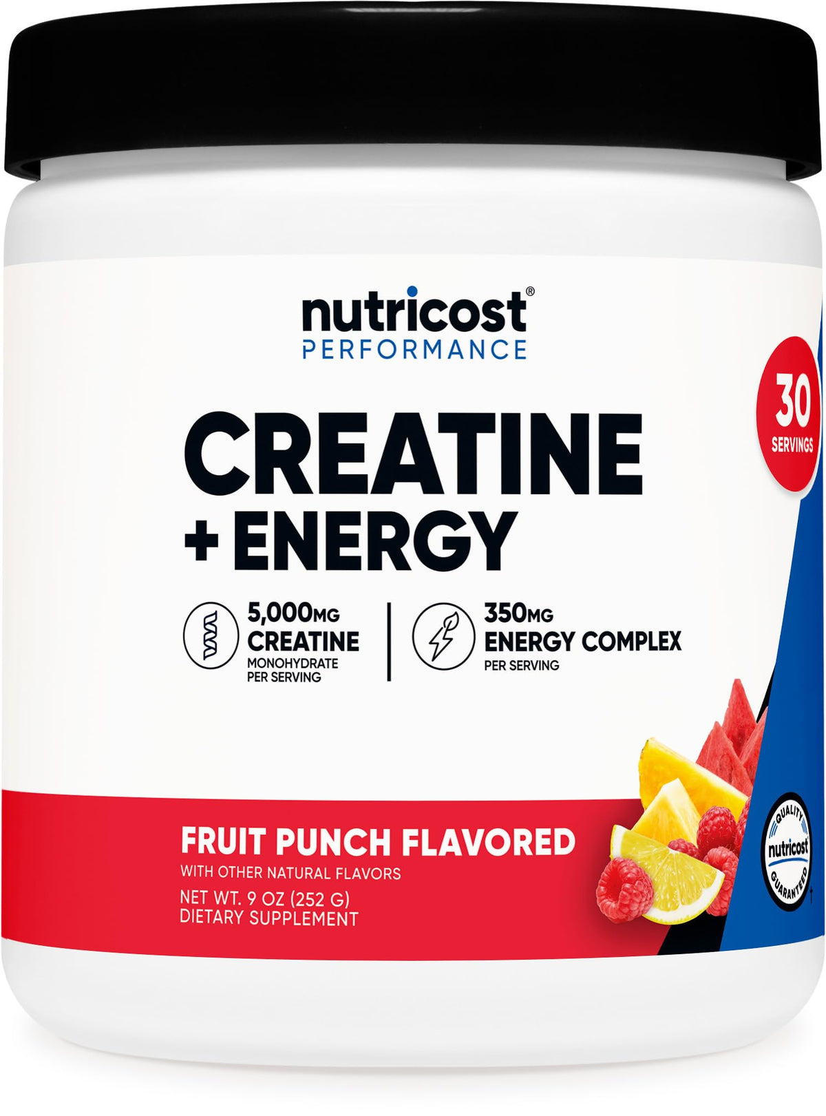 Nutricost Creatine + Energy : boîte affichant la saveur fruits et énergie durable pendant l'entraînement