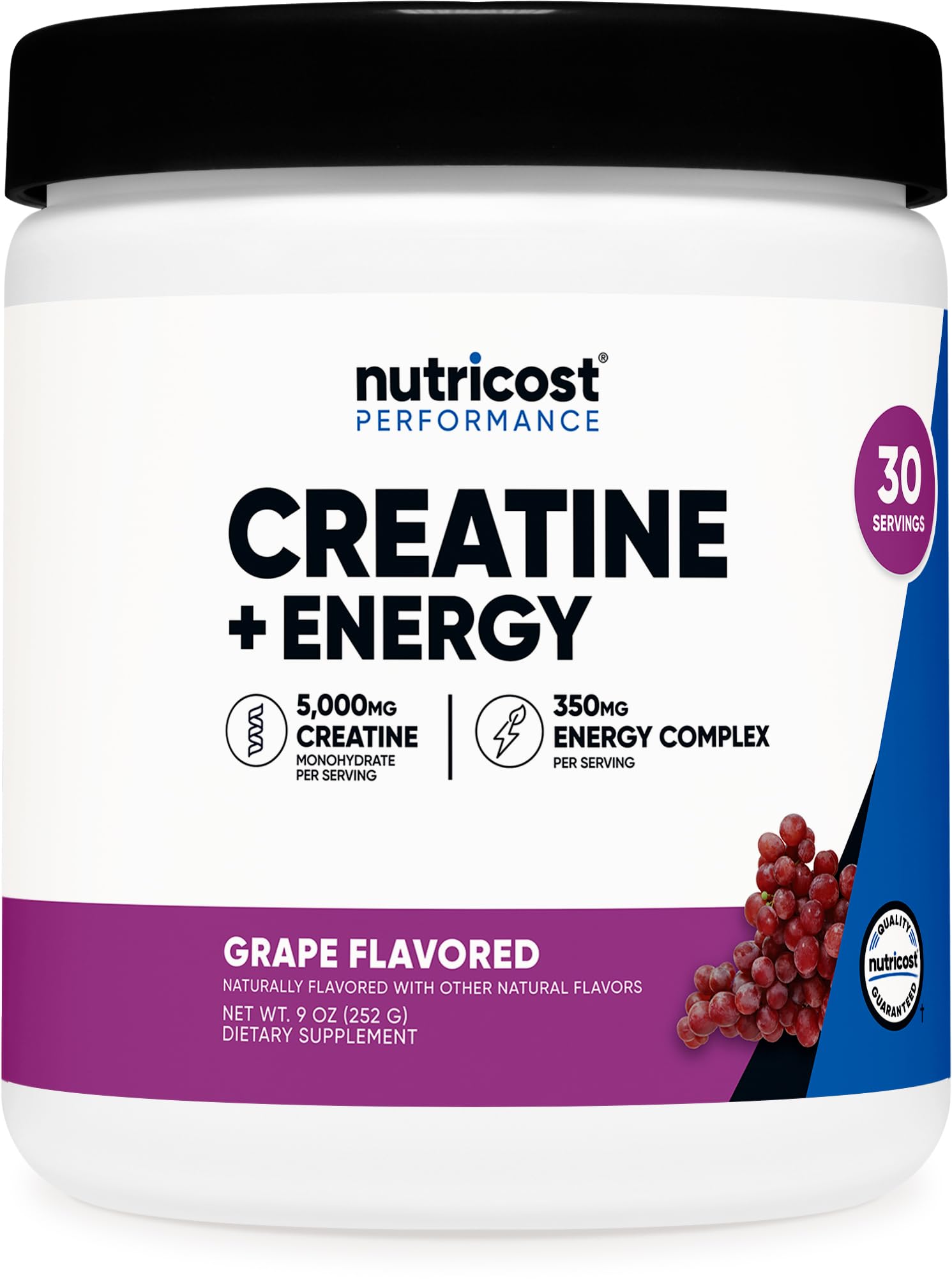 Nutricost Creatine + Energy, bouteille goût raisin, idéal pour les séances d'entraînement soutenues.
