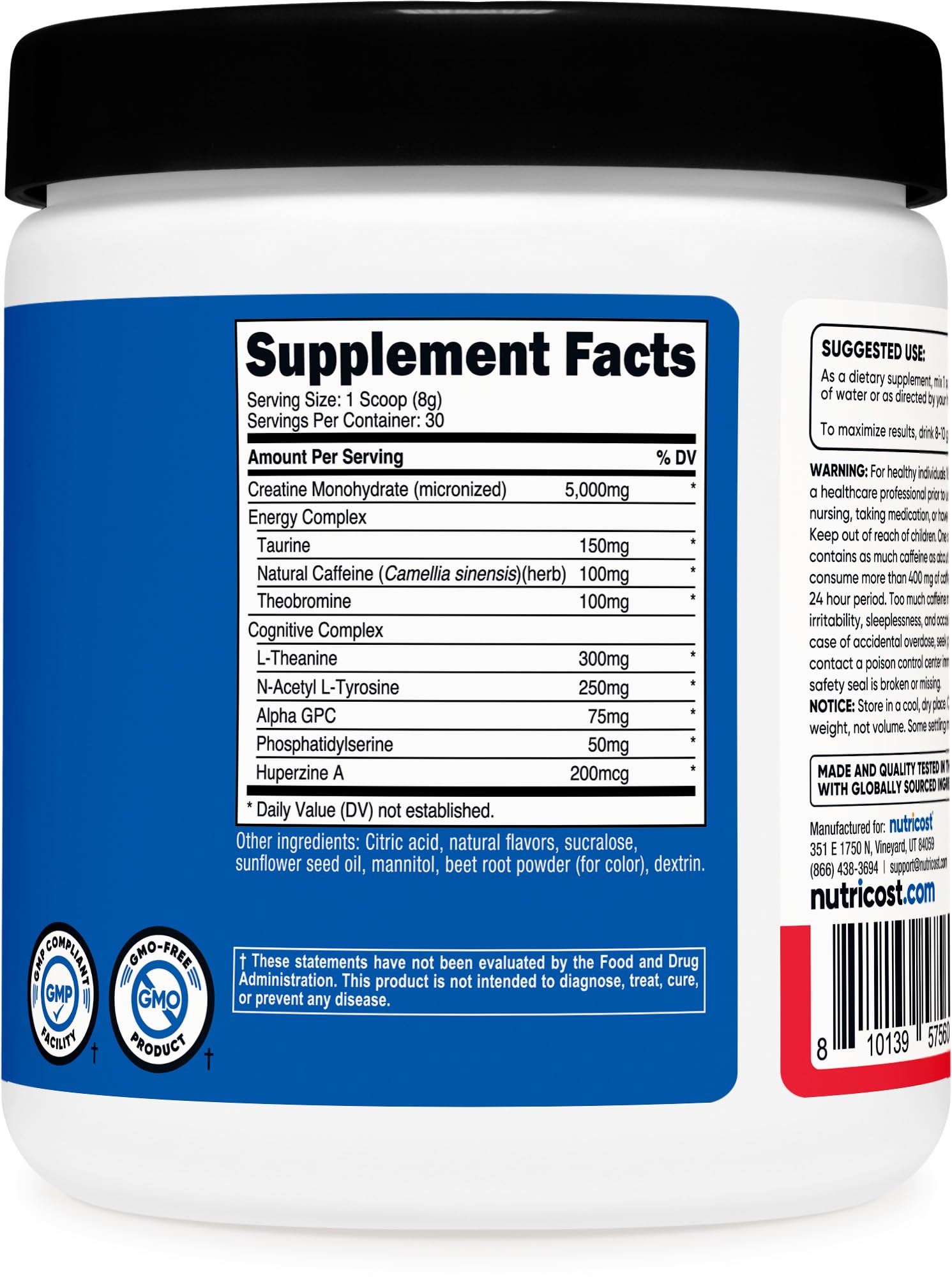 Emballage Nutricost Creatine + Energy de 30 portions pour un mois