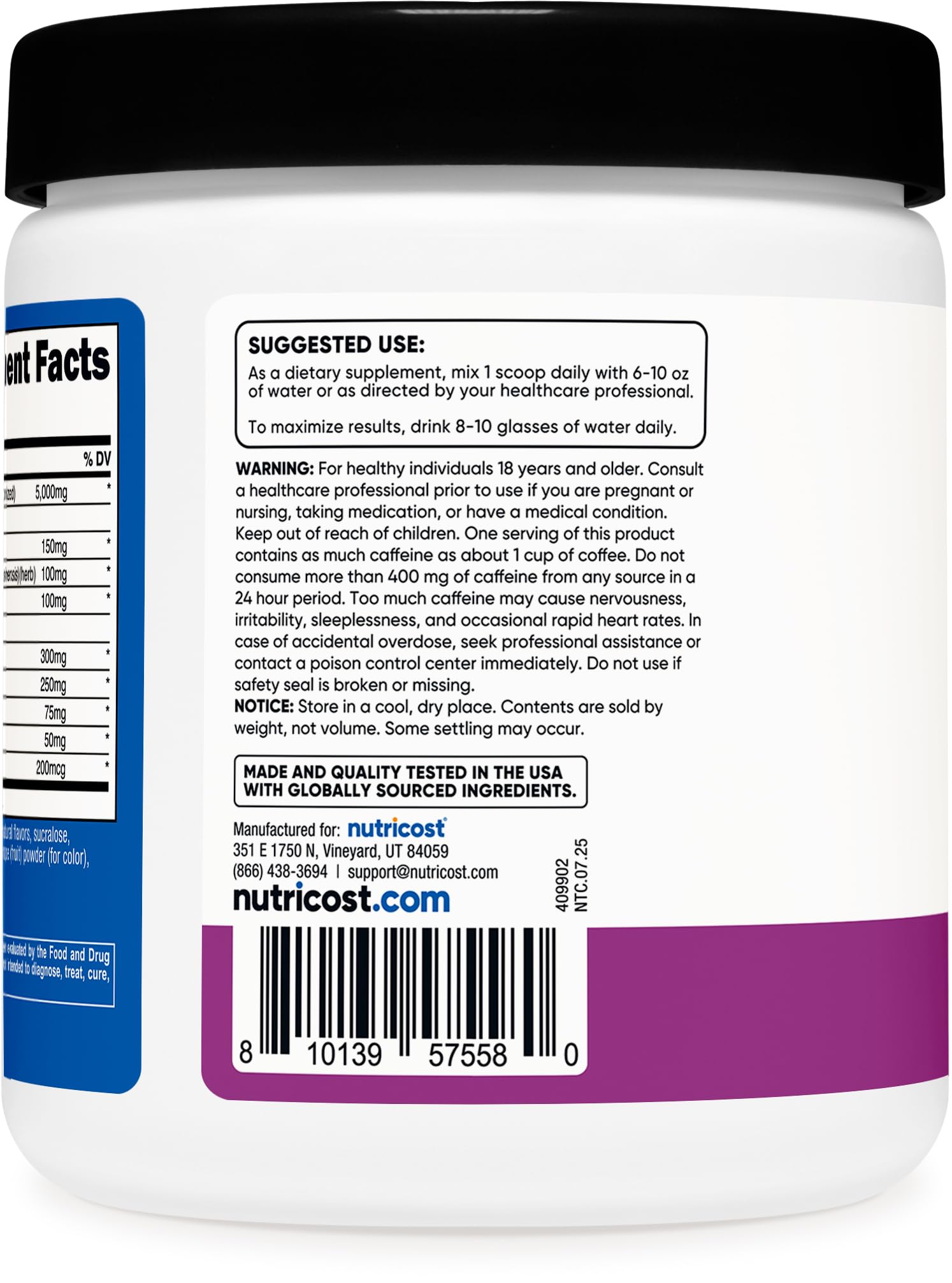 Nutricost Creatine + Energy, emballage et bouchon pratique pour une utilisation quotidienne.