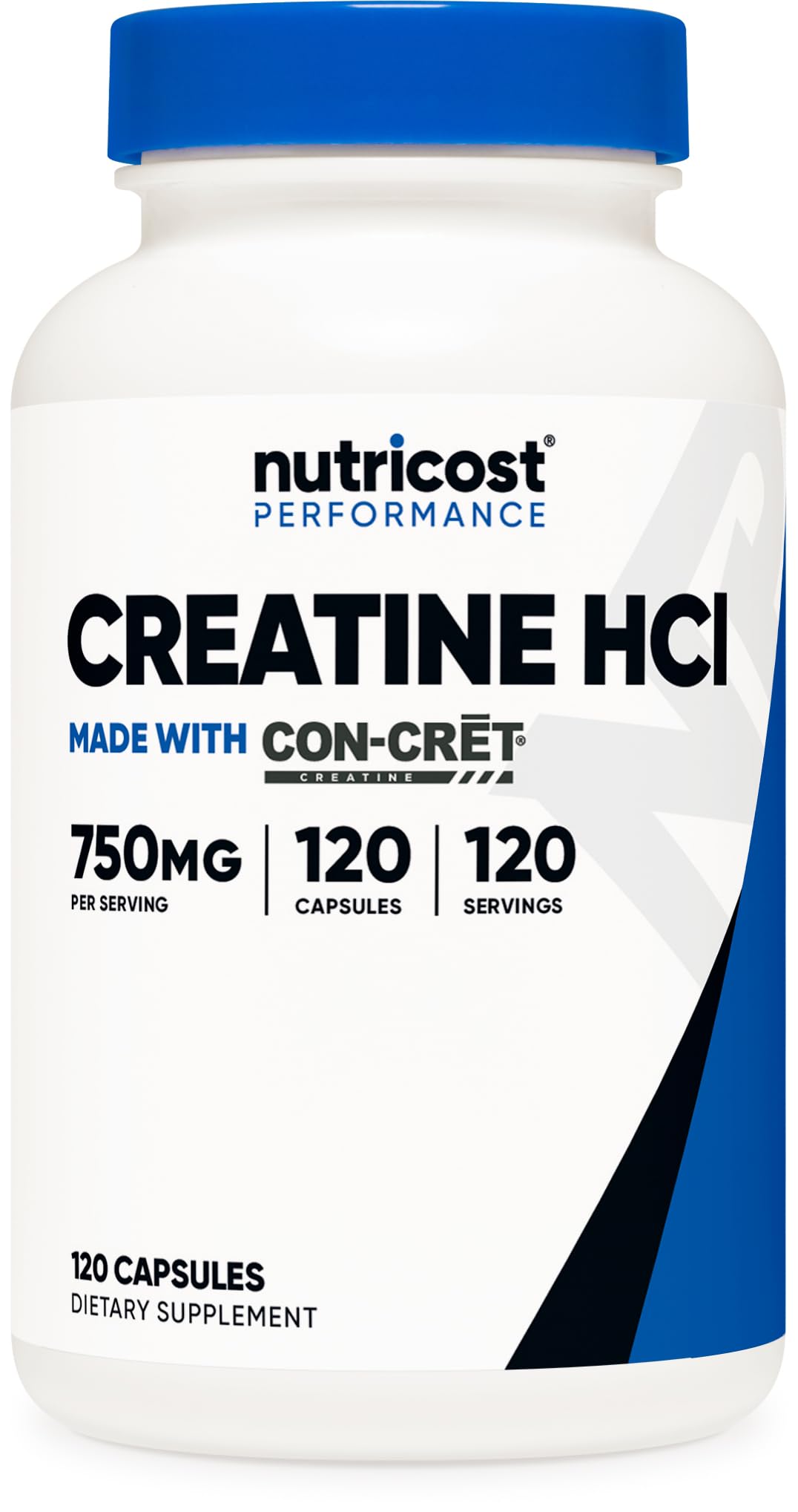 Nutricost Créatine HCl capsules 750 mg visibles dans la bouteille, pratique pour la supplémentation.