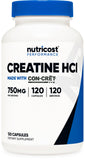 Nutricost Créatine HCl capsules 750 mg visibles dans la bouteille, pratique pour la supplémentation.