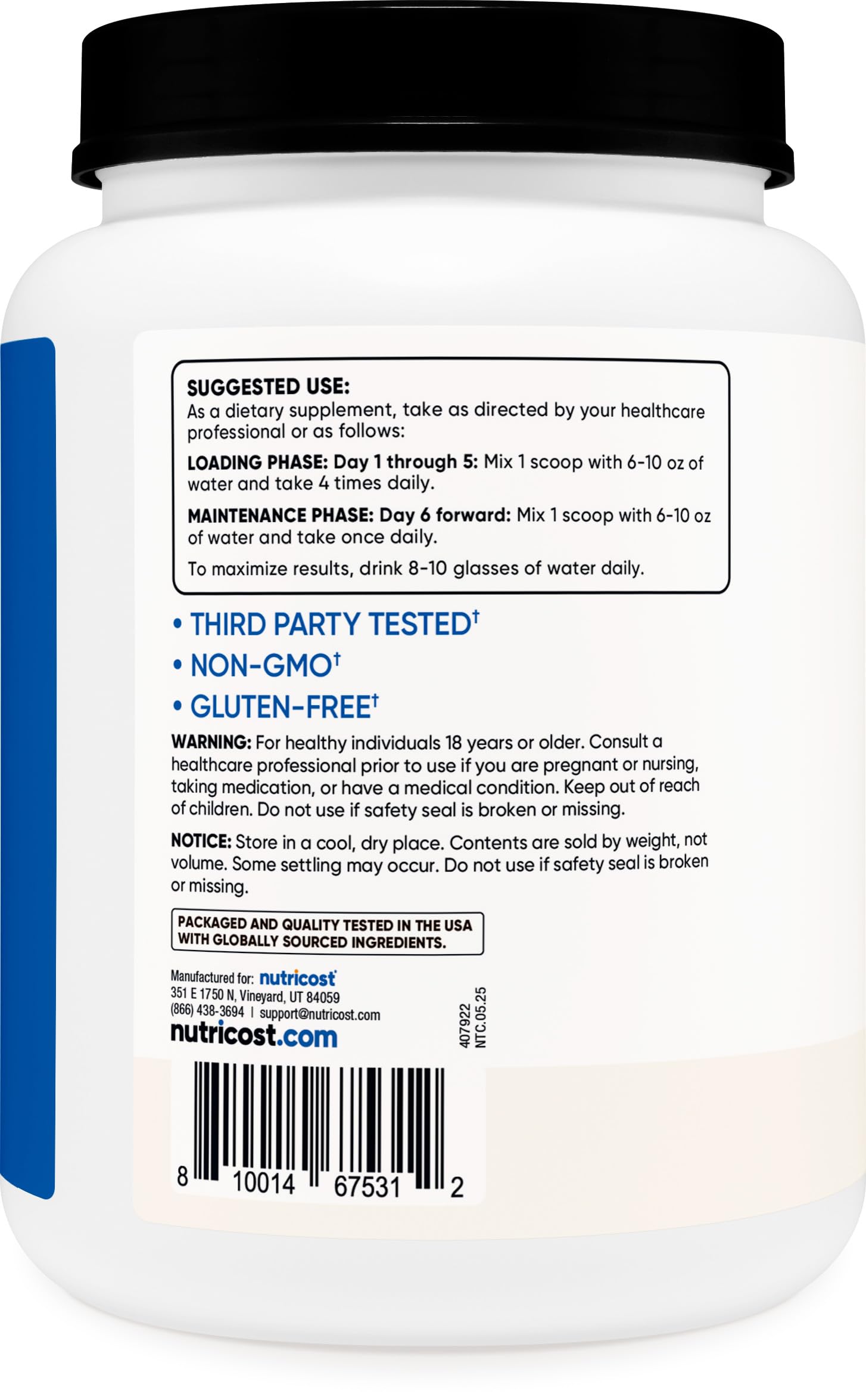 Nutricost Créatine Monohydrate Micronisée, étiquette claire affichant sans gluten et sans OGM.