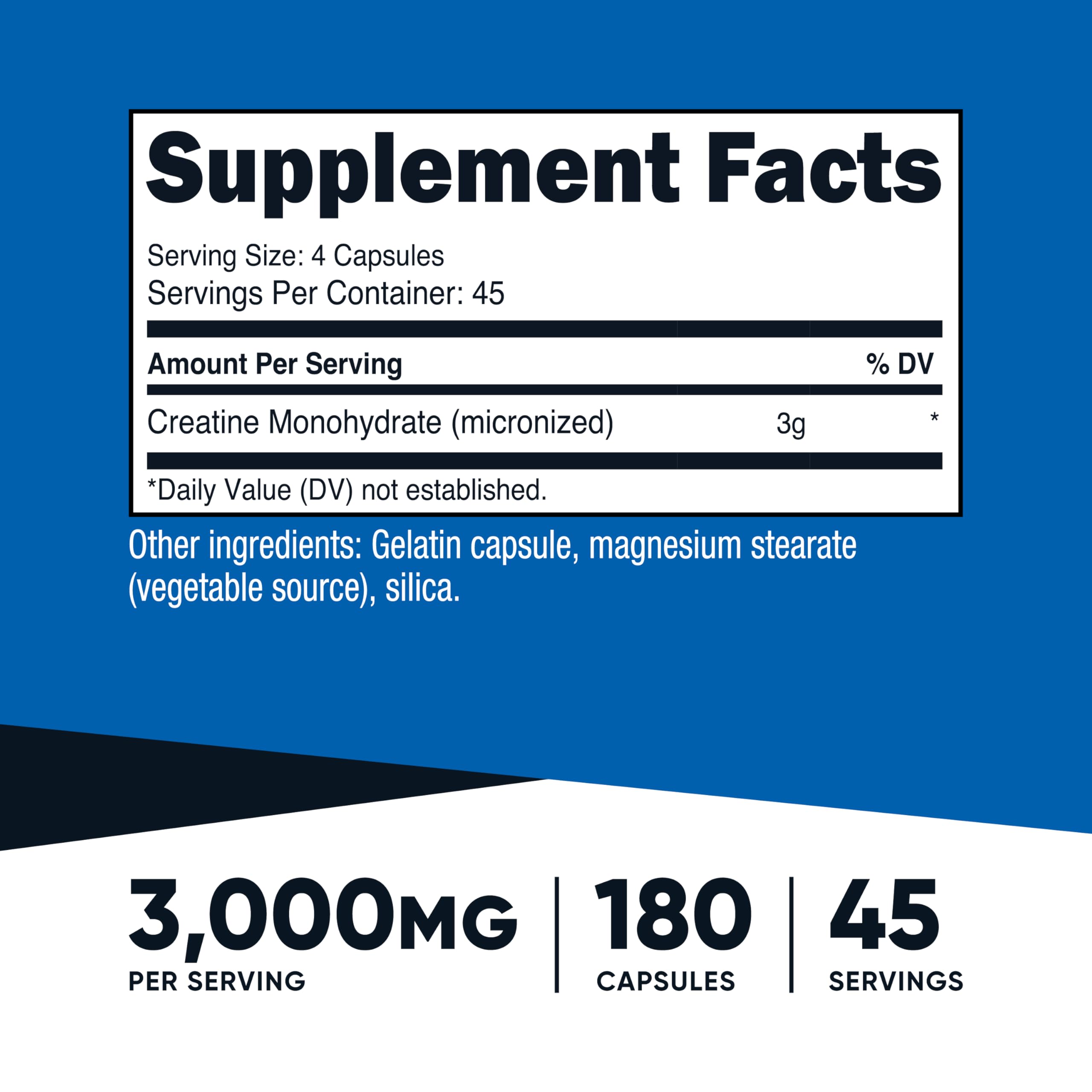 Nutricost Creatine Monohydrate, bouteille de 180 capsules prête à l’action.