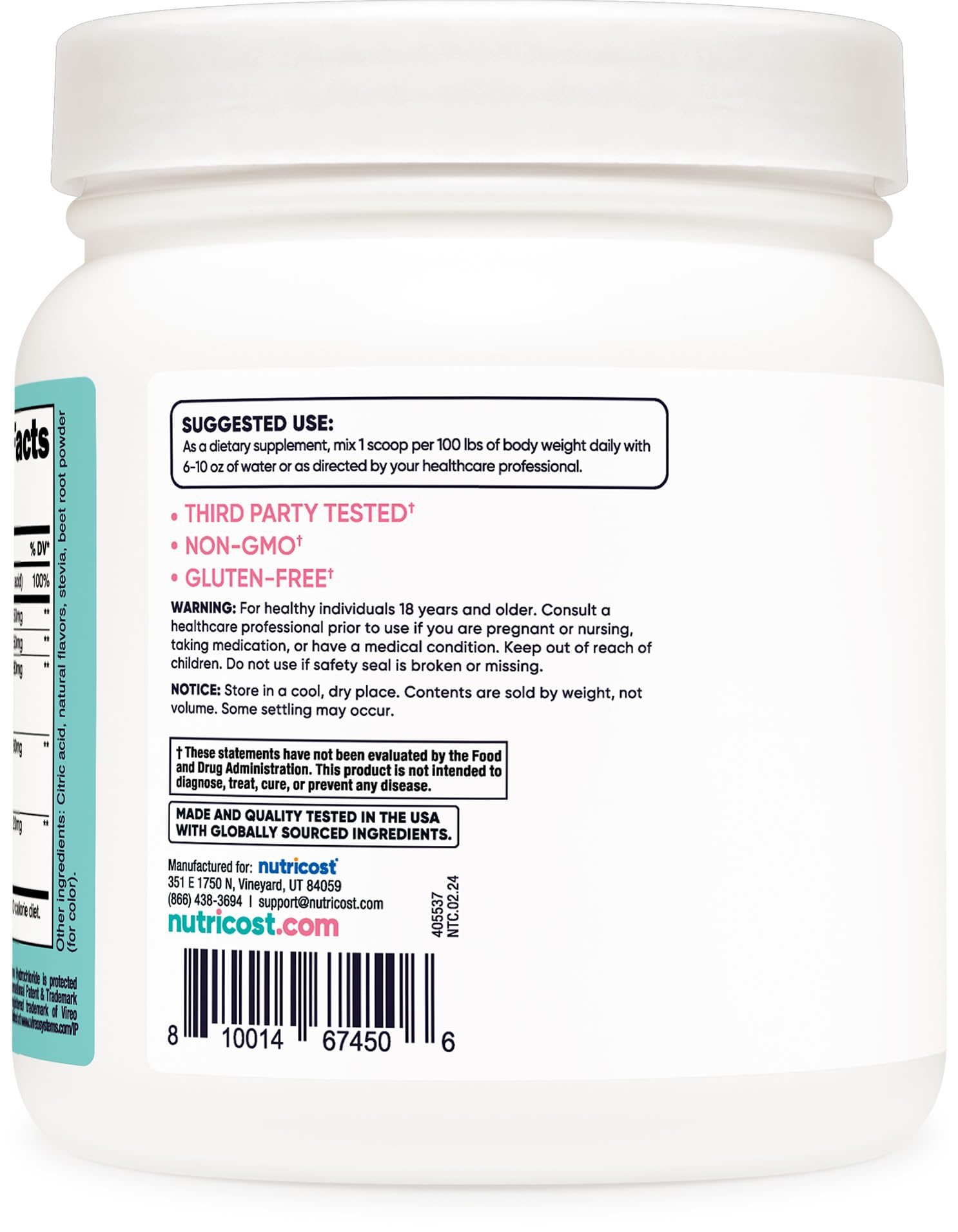 Étiquette Nutricost, certifications GMP et FDA, traçabilité et sécurité du produit.