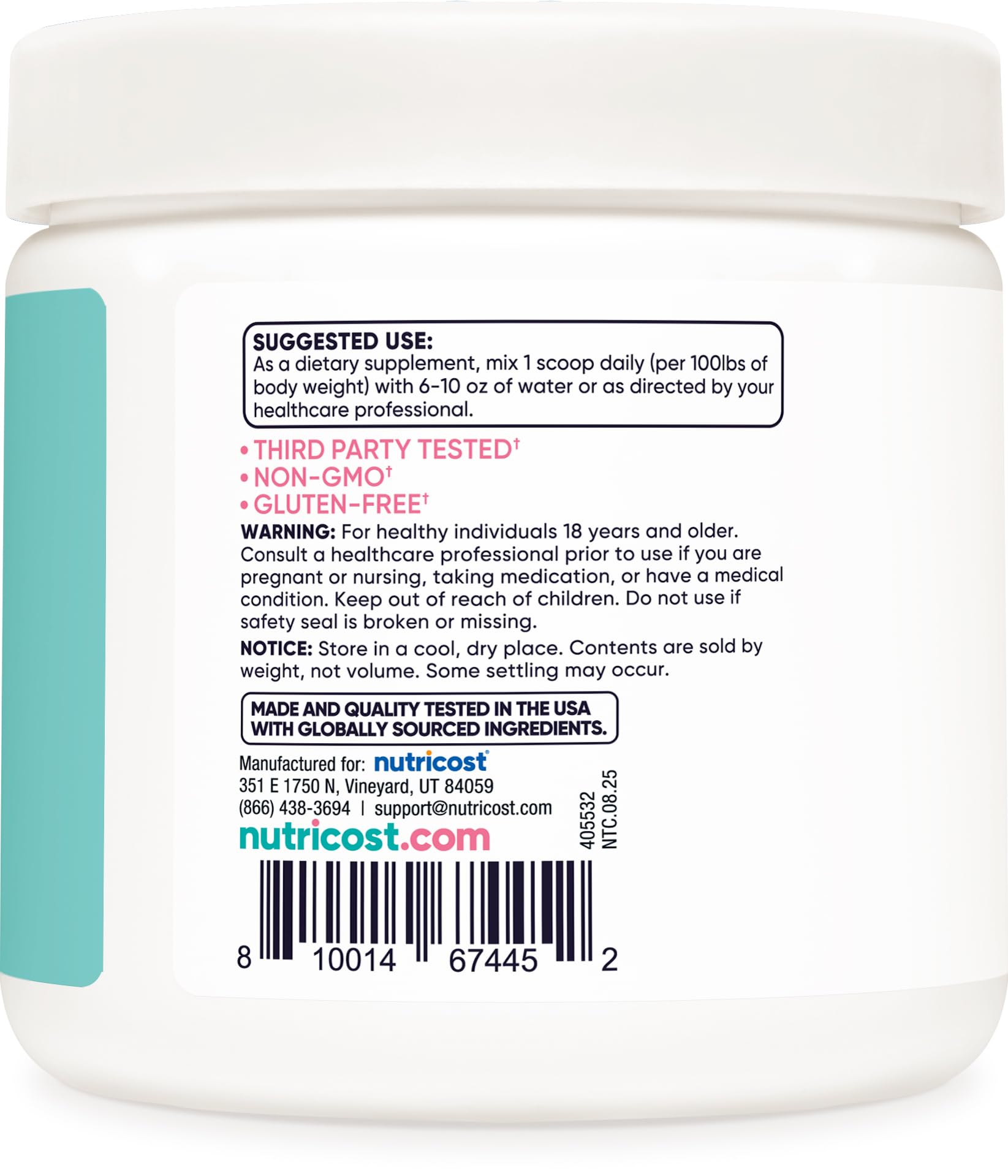 Nutricost Créatine Monohydrate — étiquette claire et certifications visibles.